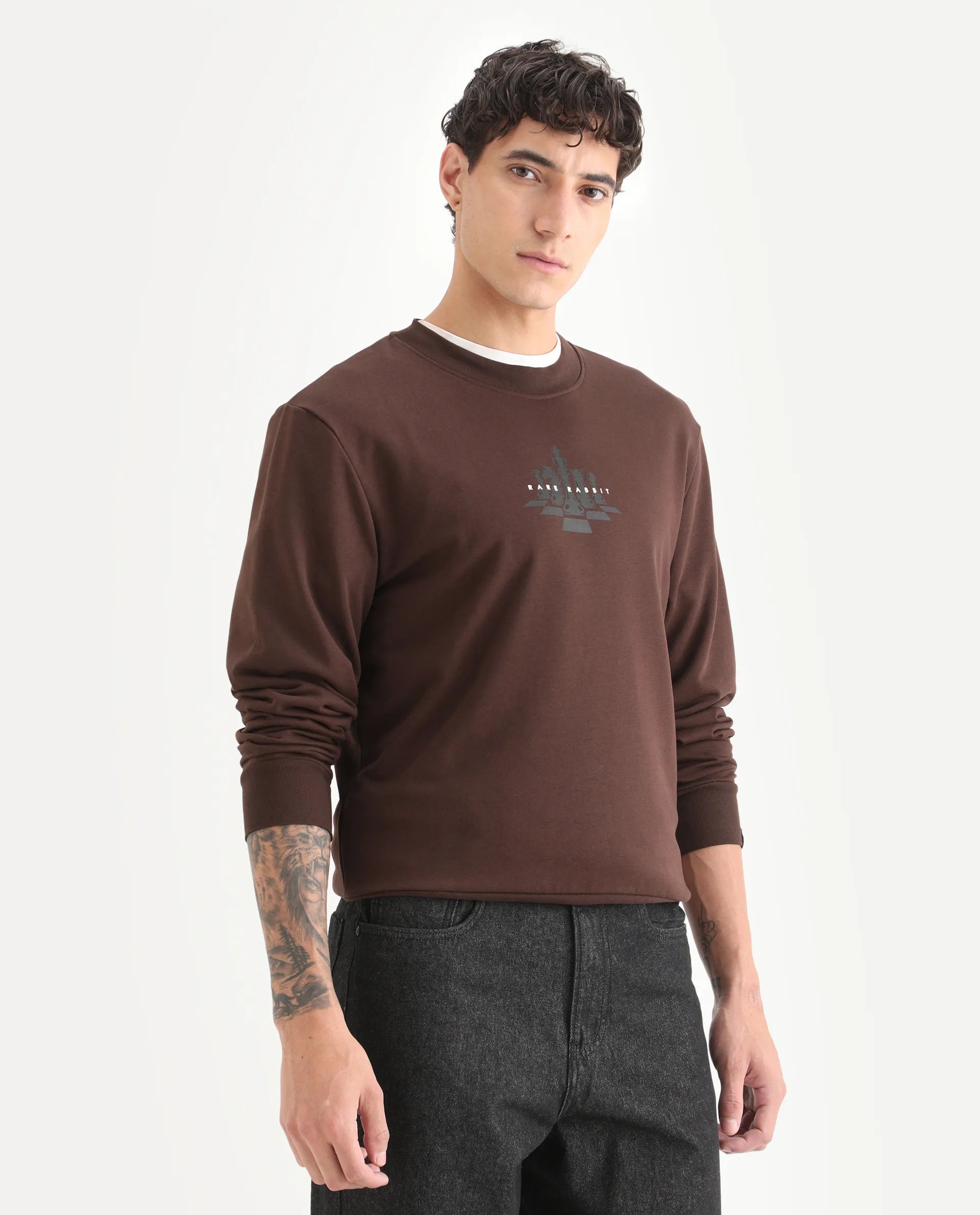Rare Rabbit Men's Marq Dark Brown Polyester Graphic Print Regular Fit Full Sleeve Crew Neck Sweatshirt - Image 5