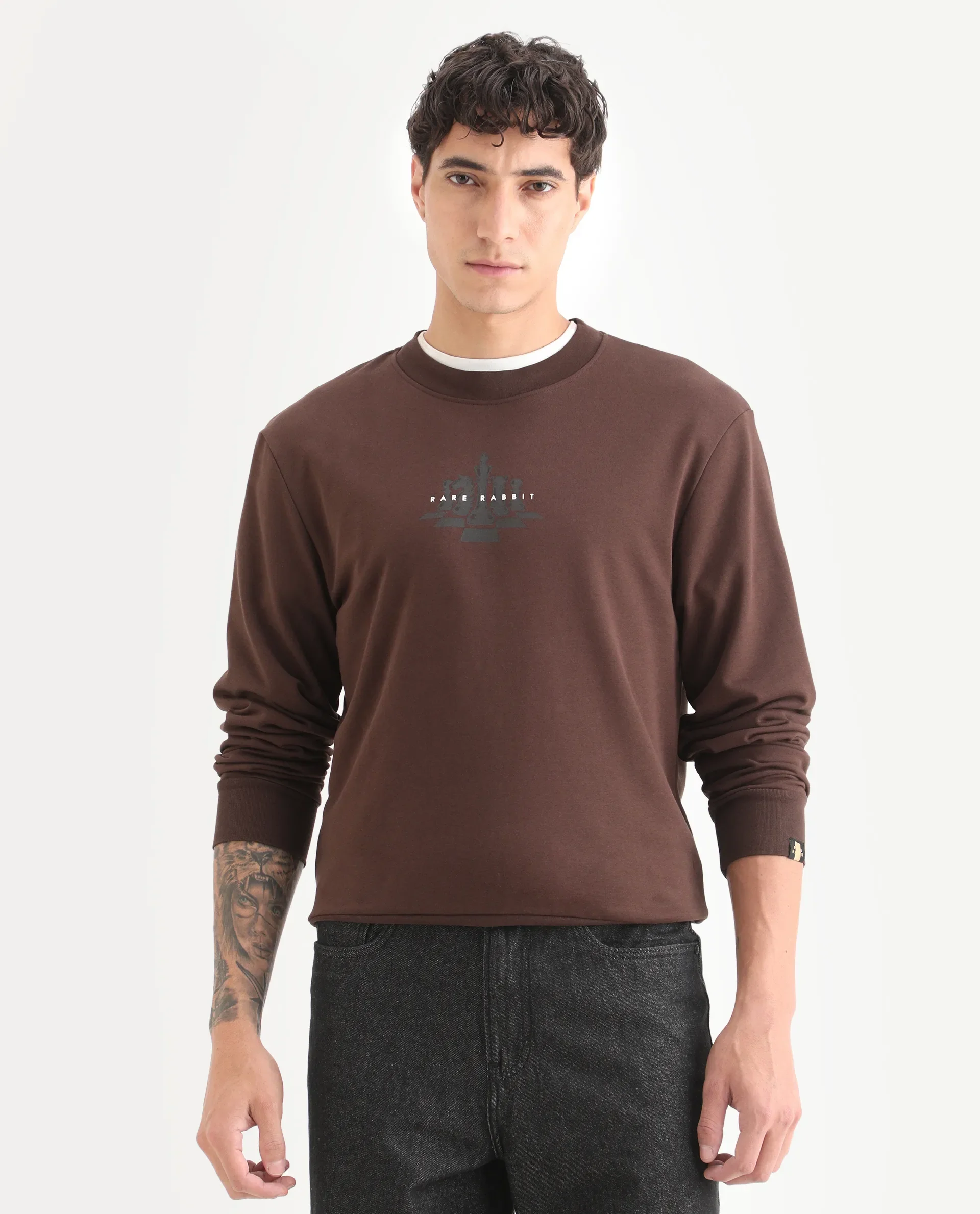 Rare Rabbit Men's Marq Dark Brown Polyester Graphic Print Regular Fit Full Sleeve Crew Neck Sweatshirt - Image 6