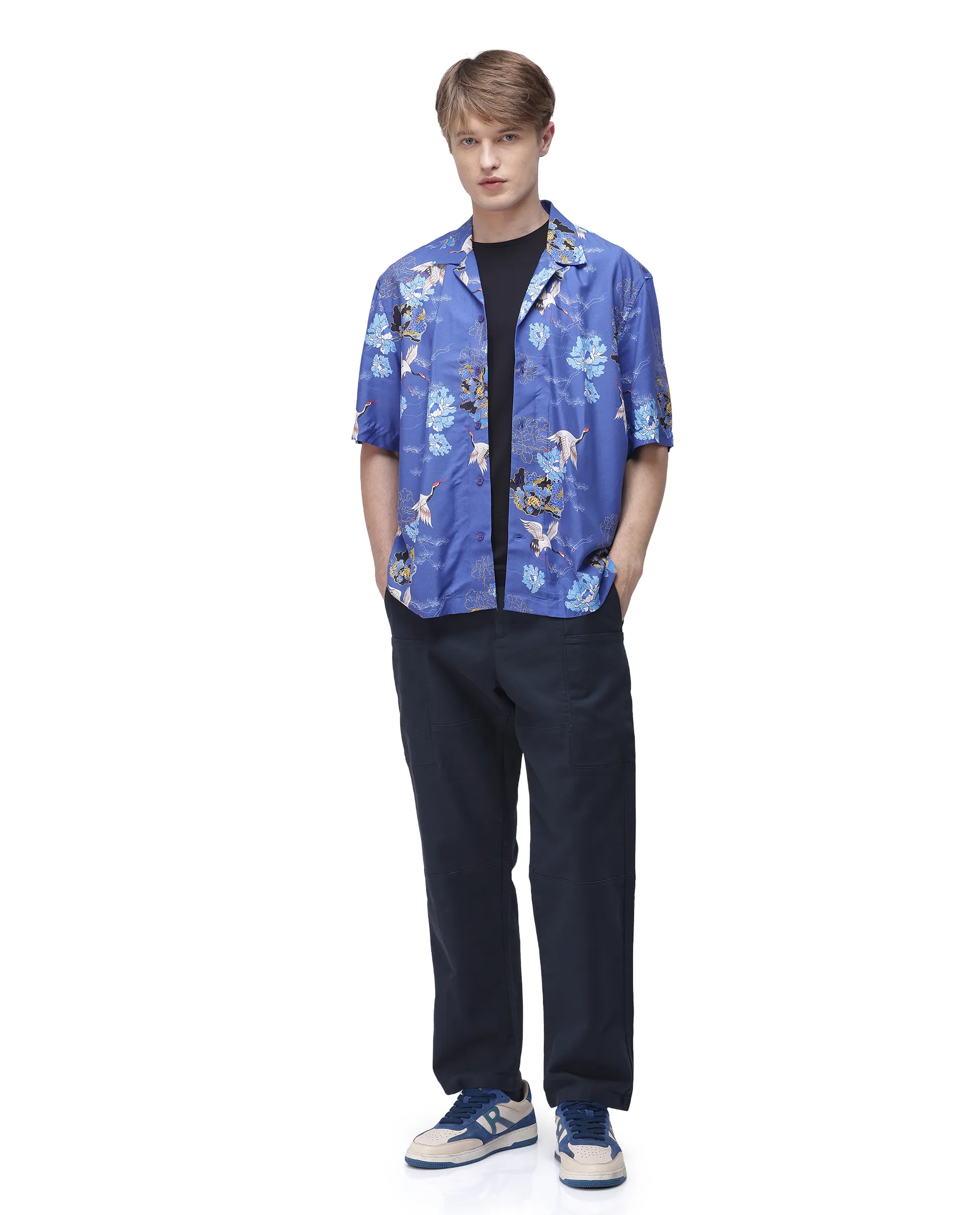 Rare Rabbit Men's Marque Blue Viscose Floral Print Boxy Fit Half Sleeve Cuban Collar Shirt - Image 2