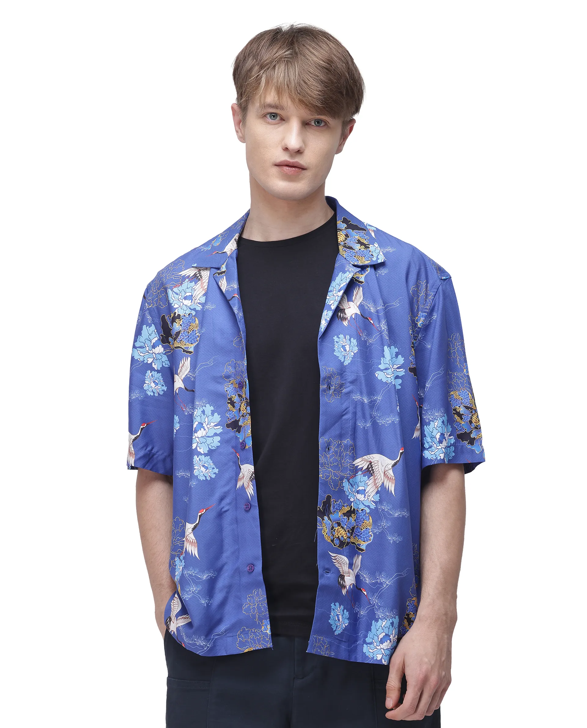 Rare Rabbit Men's Marque Blue Viscose Floral Print Boxy Fit Half Sleeve Cuban Collar Shirt - Image 3