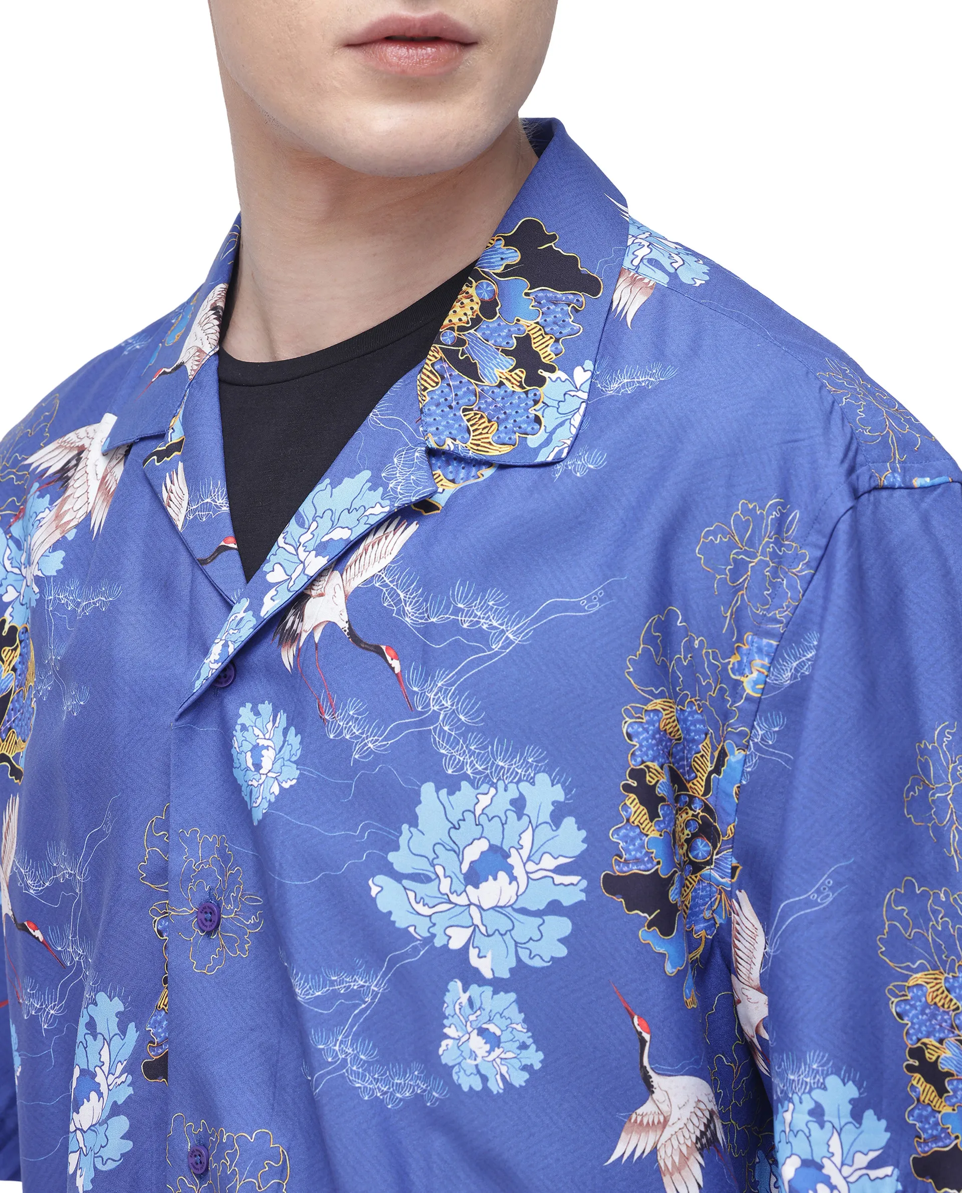 Rare Rabbit Men's Marque Blue Viscose Floral Print Boxy Fit Half Sleeve Cuban Collar Shirt - Image 4