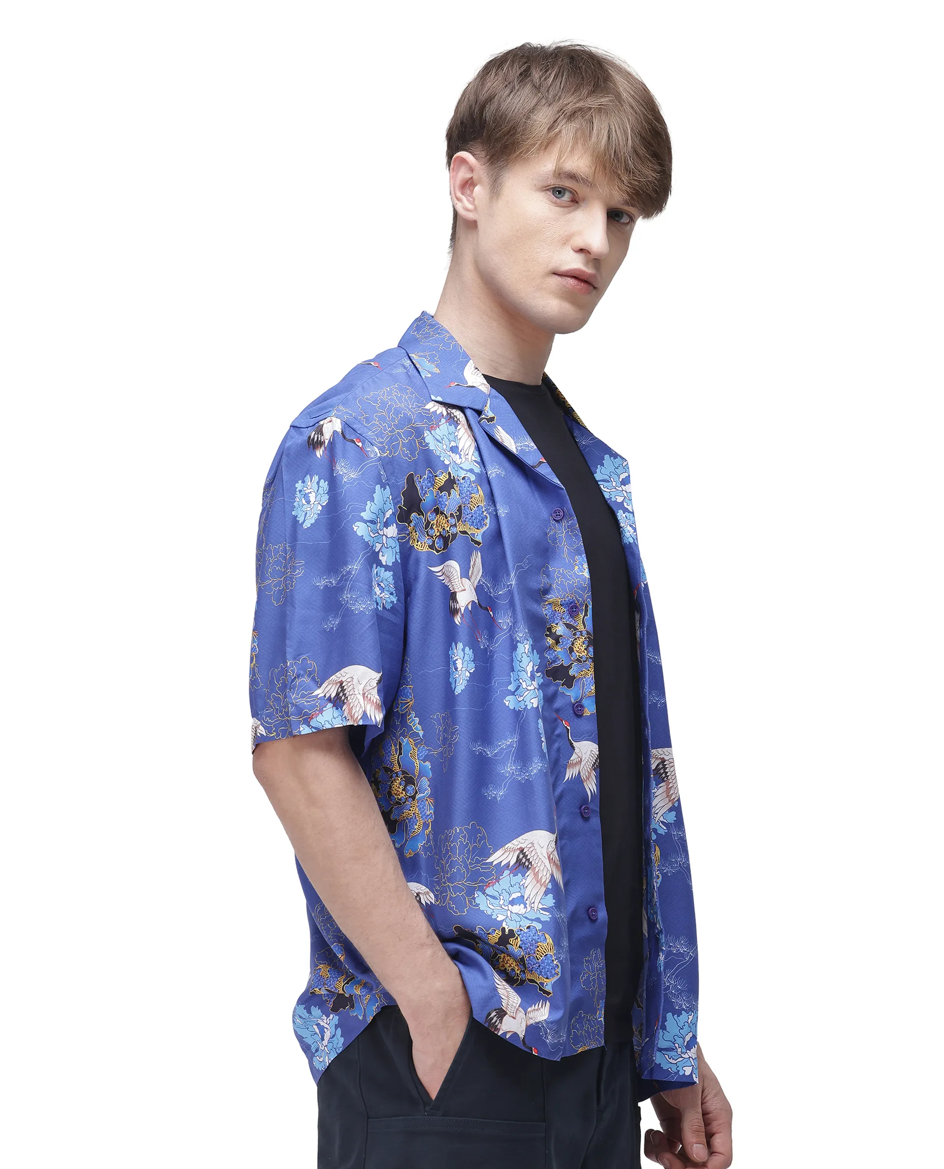 Rare Rabbit Men's Marque Blue Viscose Floral Print Boxy Fit Half Sleeve Cuban Collar Shirt - Image 6