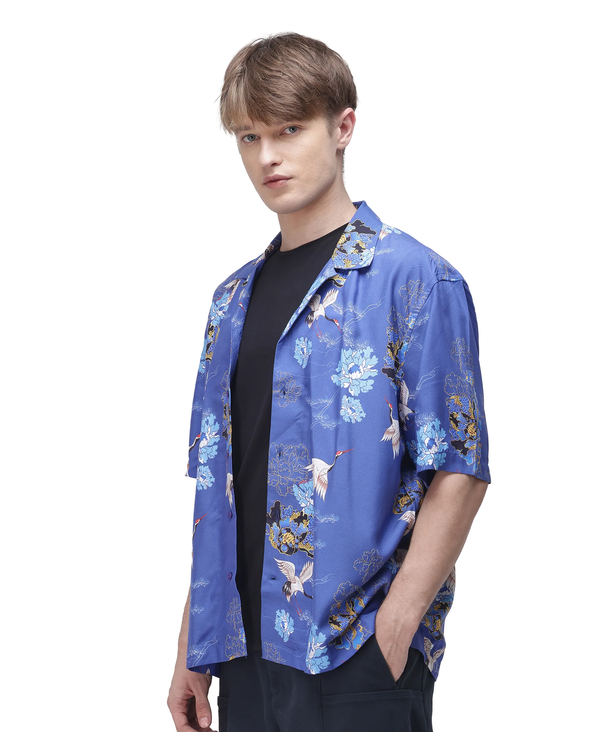 Rare Rabbit Men's Marque Blue Viscose Floral Print Boxy Fit Half Sleeve Cuban Collar Shirt - Image 7