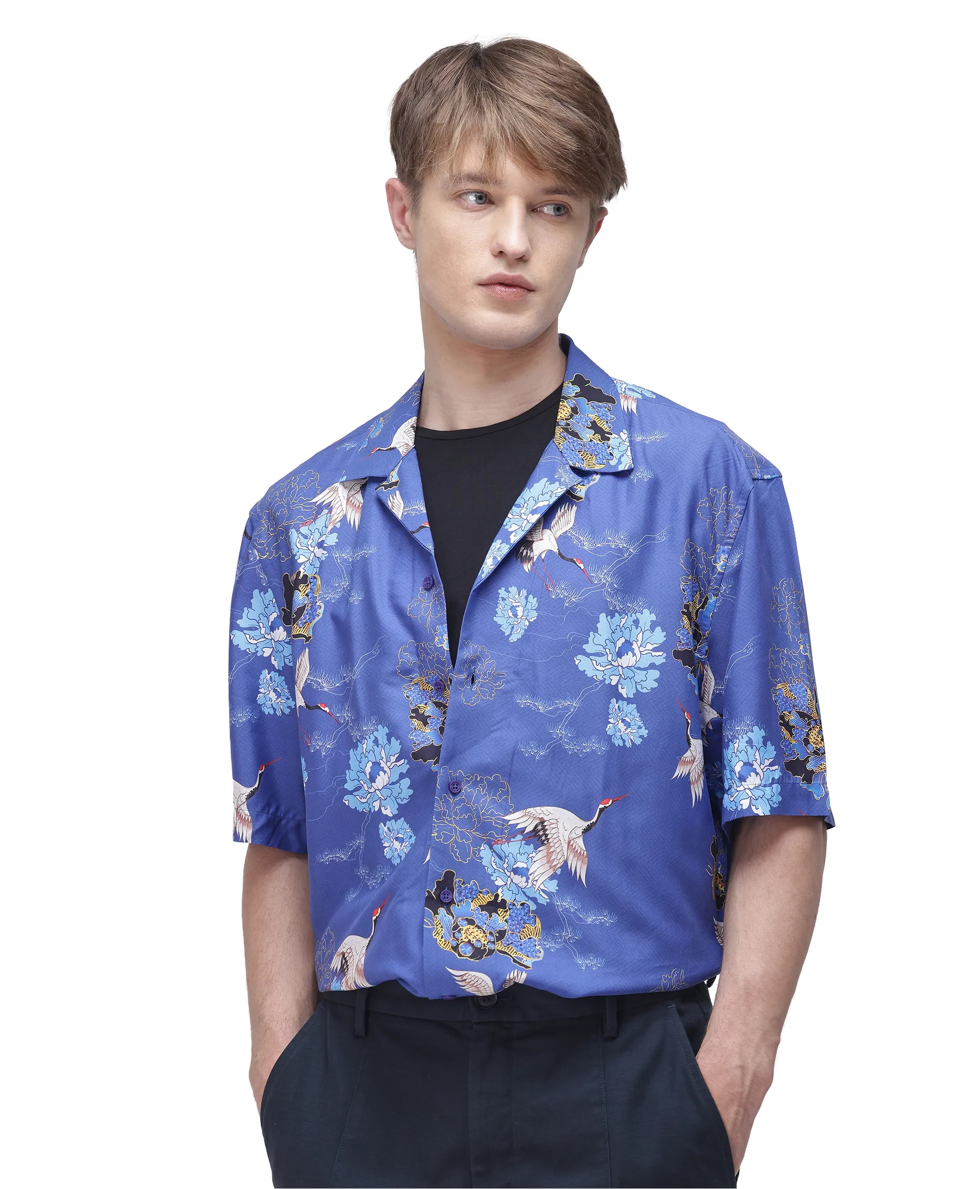 Rare Rabbit Men's Marque Blue Viscose Floral Print Boxy Fit Half Sleeve Cuban Collar Shirt - Image 8