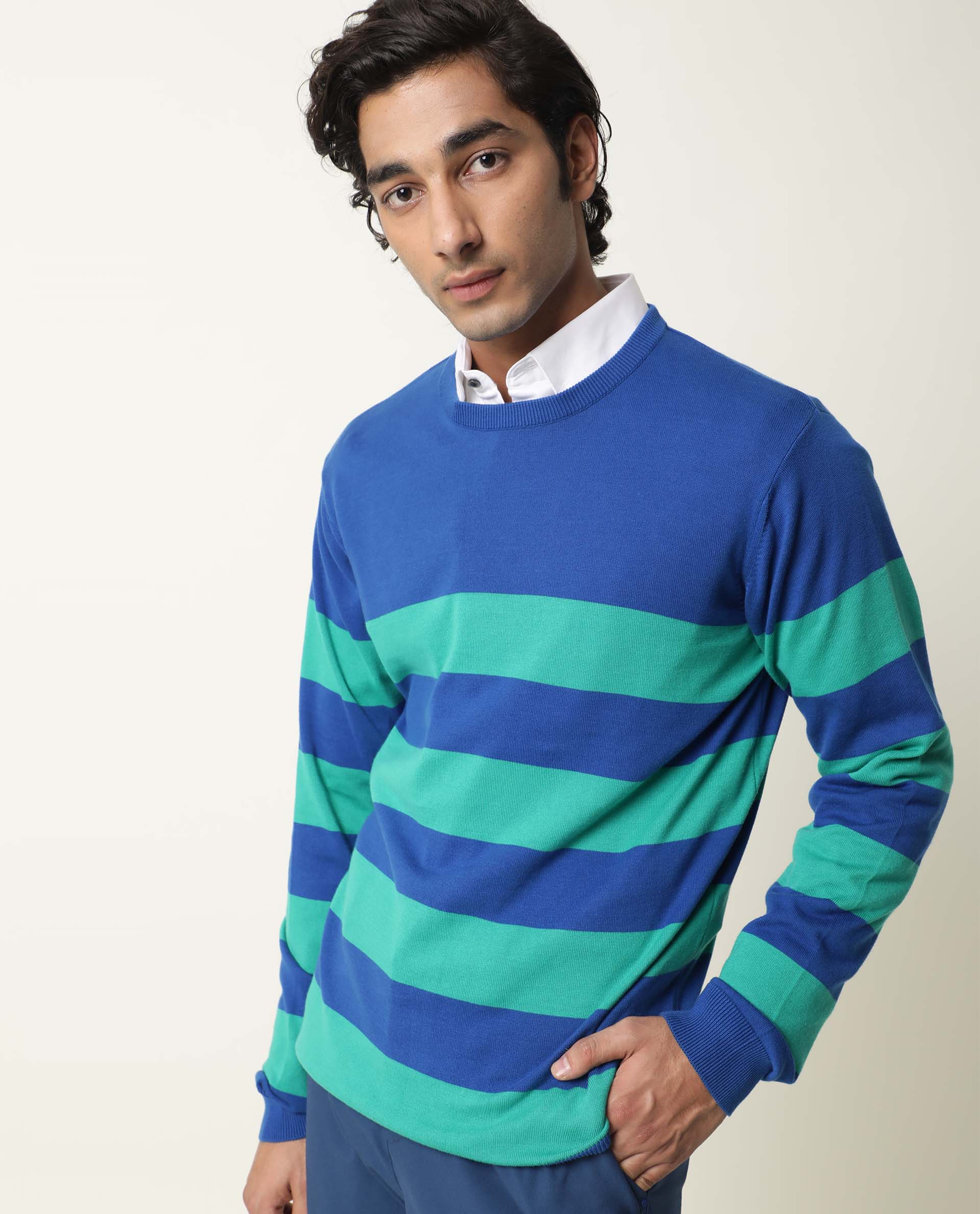 Rare Rabbit Men's Marri Green Cotton Striped Print Regular Fit Full Sleeve Crew Neck Sweater