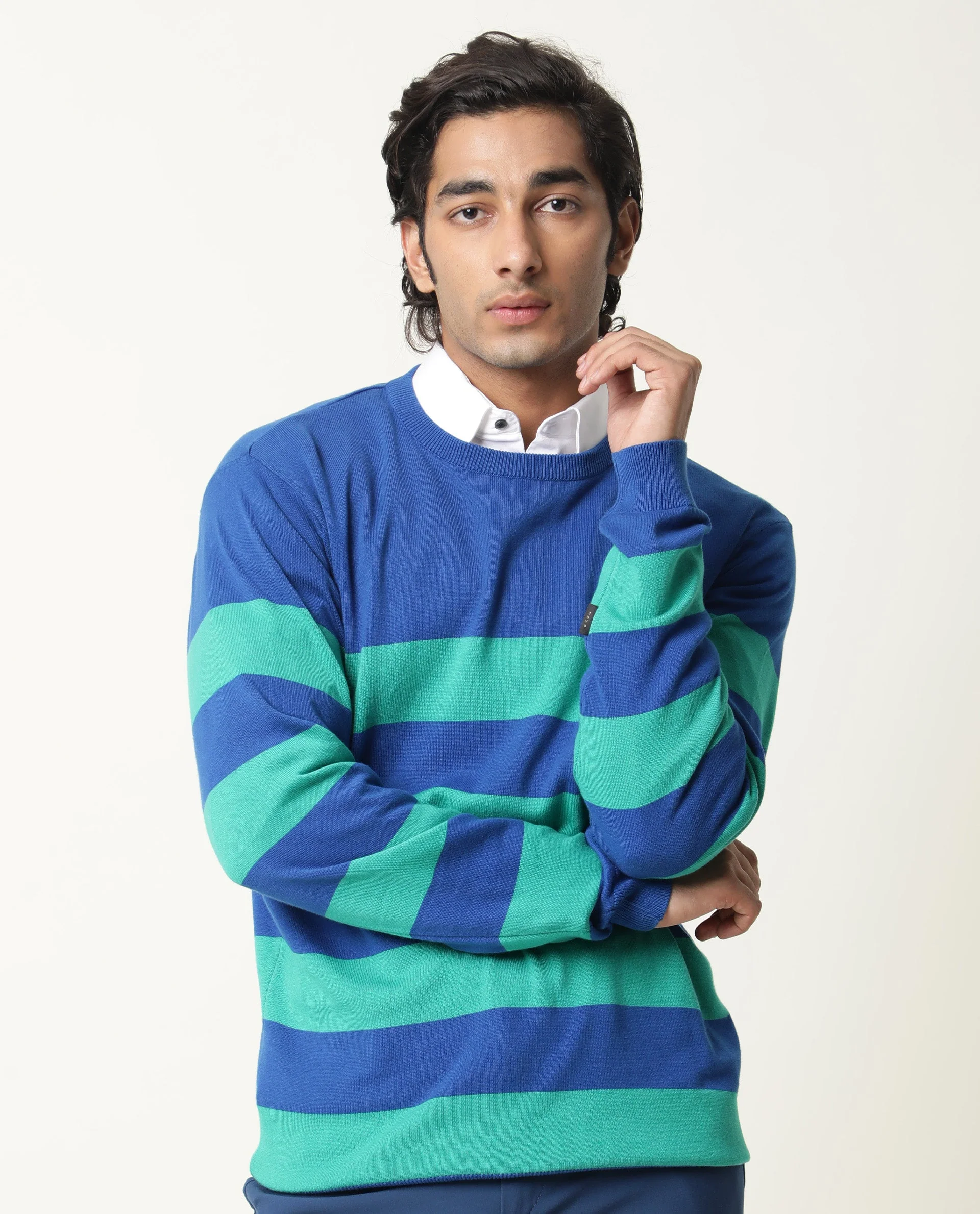Rare Rabbit Men's Marri Green Cotton Striped Print Regular Fit Full Sleeve Crew Neck Sweater - Image 2