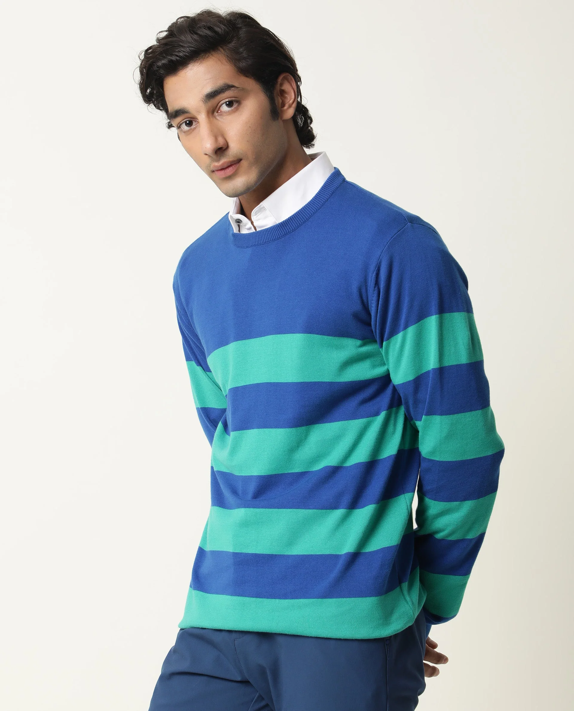 Rare Rabbit Men's Marri Green Cotton Striped Print Regular Fit Full Sleeve Crew Neck Sweater - Image 3