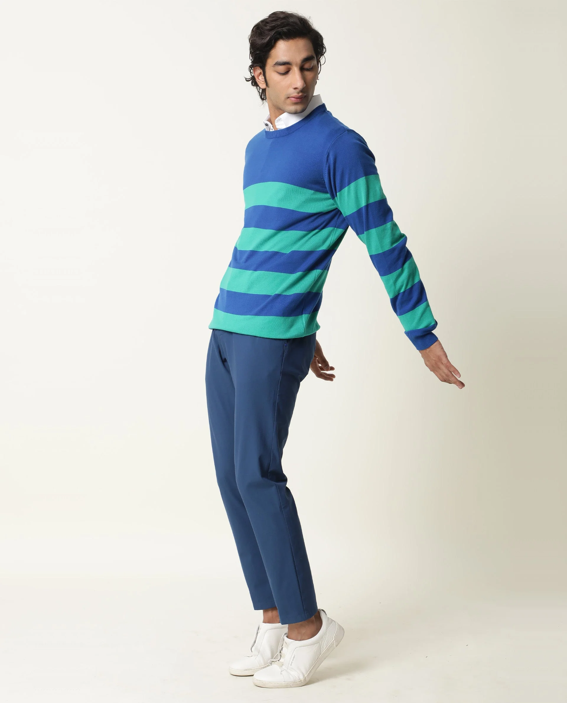 Rare Rabbit Men's Marri Green Cotton Striped Print Regular Fit Full Sleeve Crew Neck Sweater - Image 4