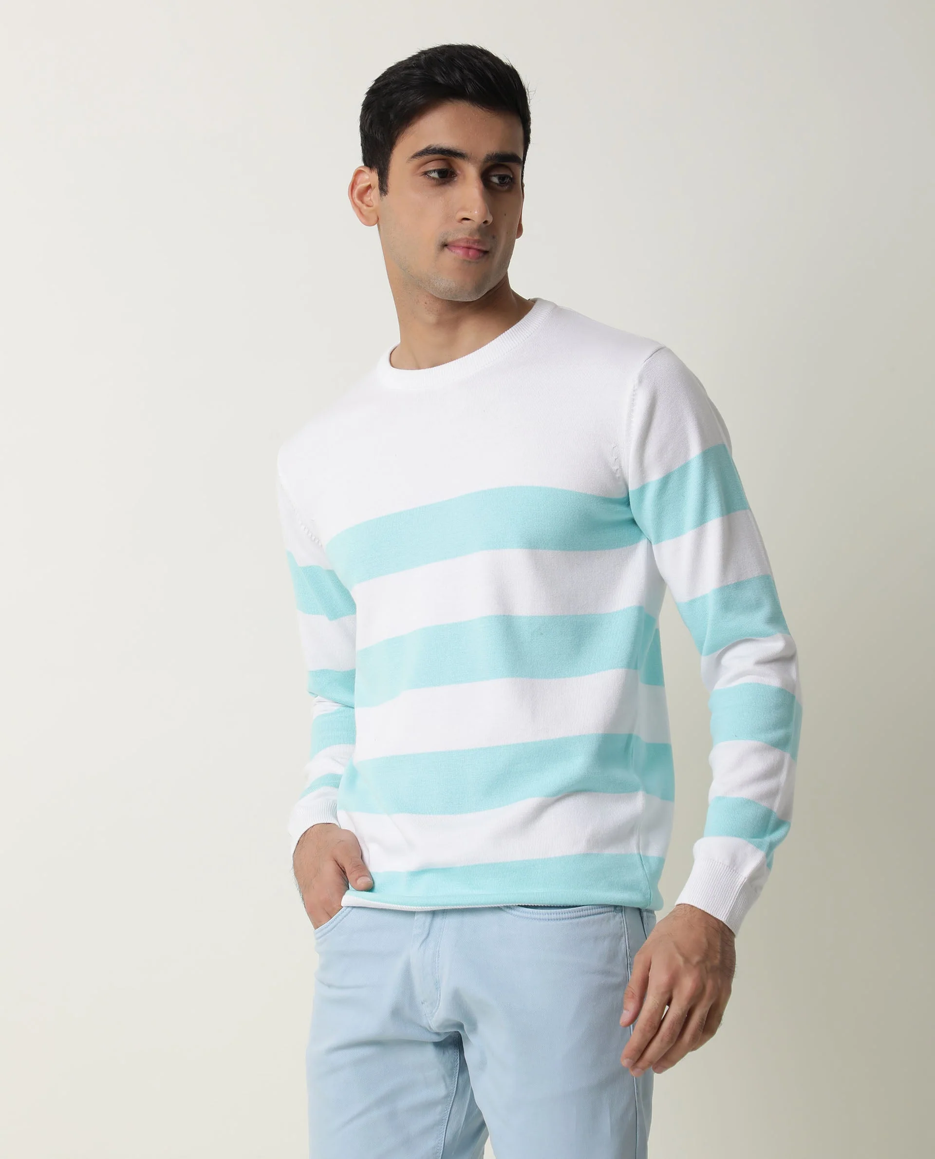 Rare Rabbit Men's Marri Turq Cotton Striped Print Slim Fit Full Sleeve Crew Neck Sweater - Image 2