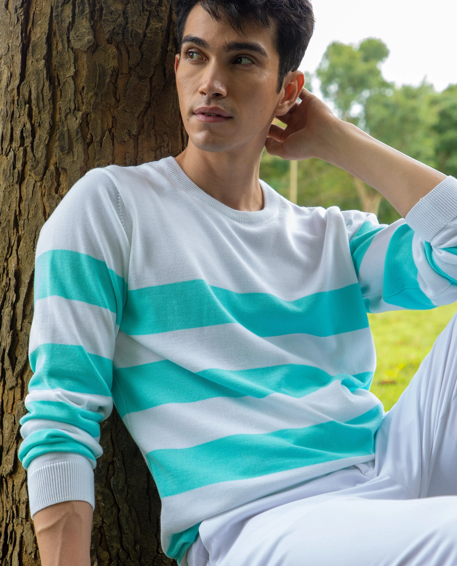 Rare Rabbit Men's Marri Turq Cotton Striped Print Slim Fit Full Sleeve Crew Neck Sweater - Image 3