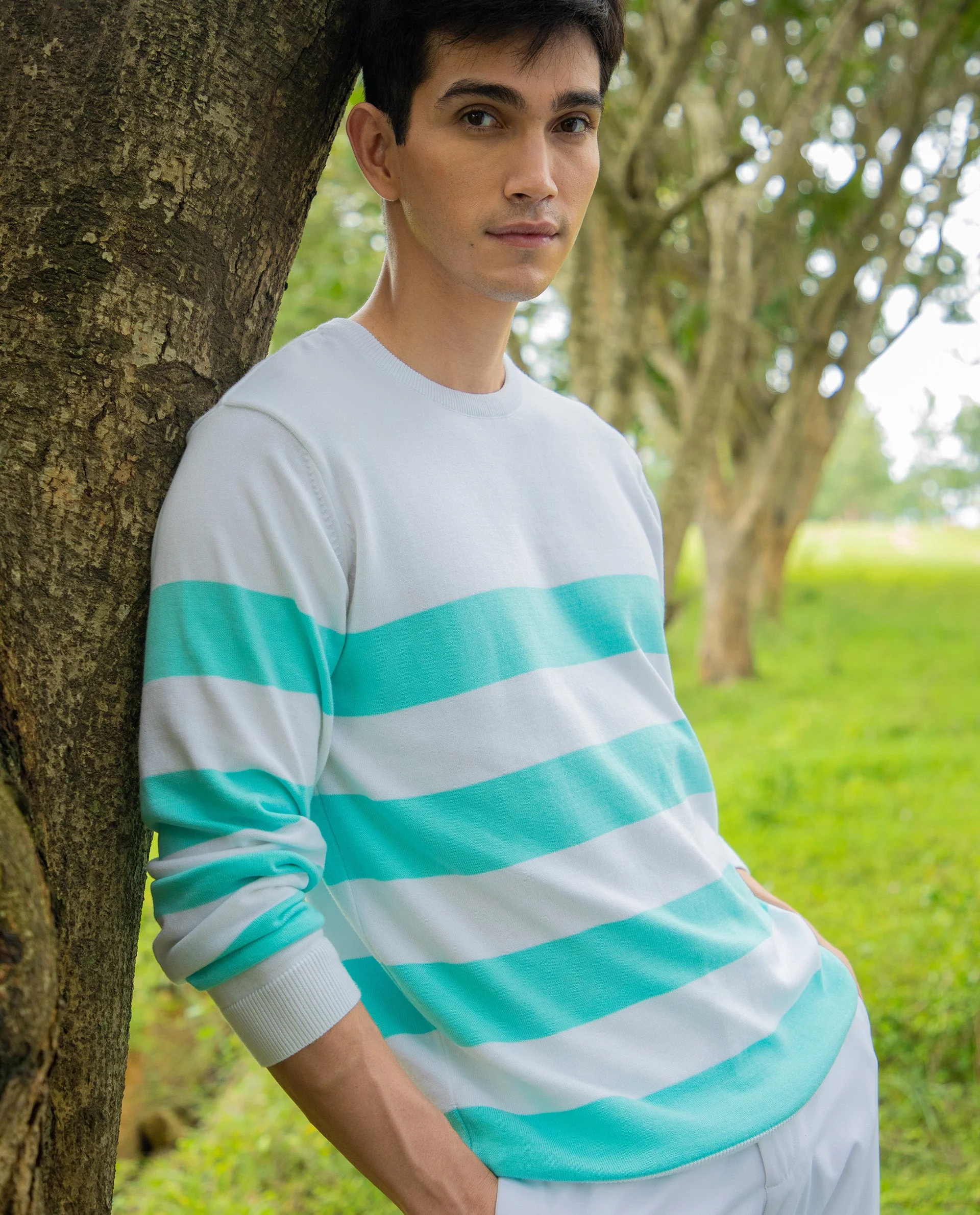 Rare Rabbit Men's Marri Turq Cotton Striped Print Slim Fit Full Sleeve Crew Neck Sweater - Image 4