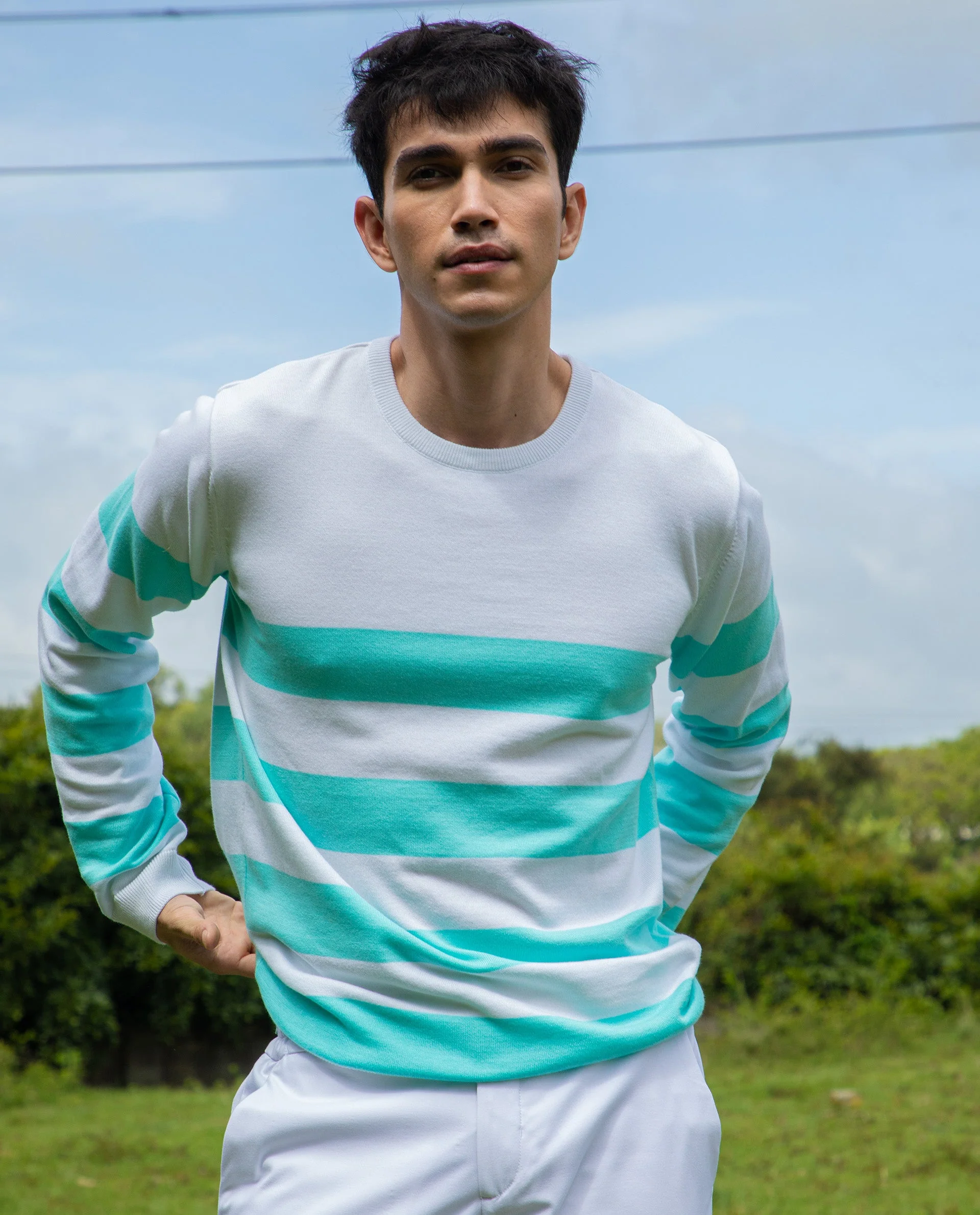 Rare Rabbit Men's Marri Turq Cotton Striped Print Slim Fit Full Sleeve Crew Neck Sweater - Image 5