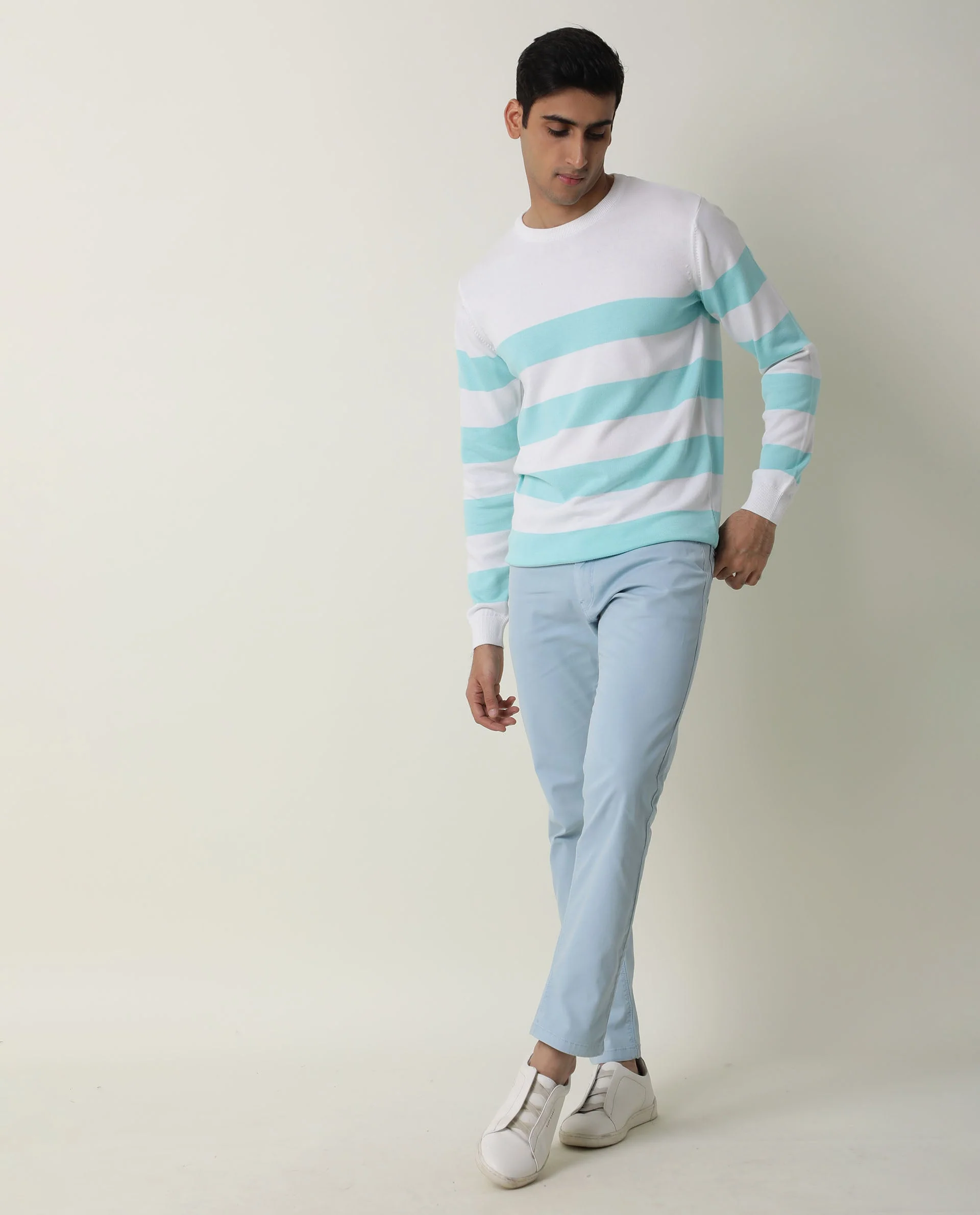 Rare Rabbit Men's Marri Turq Cotton Striped Print Slim Fit Full Sleeve Crew Neck Sweater - Image 6