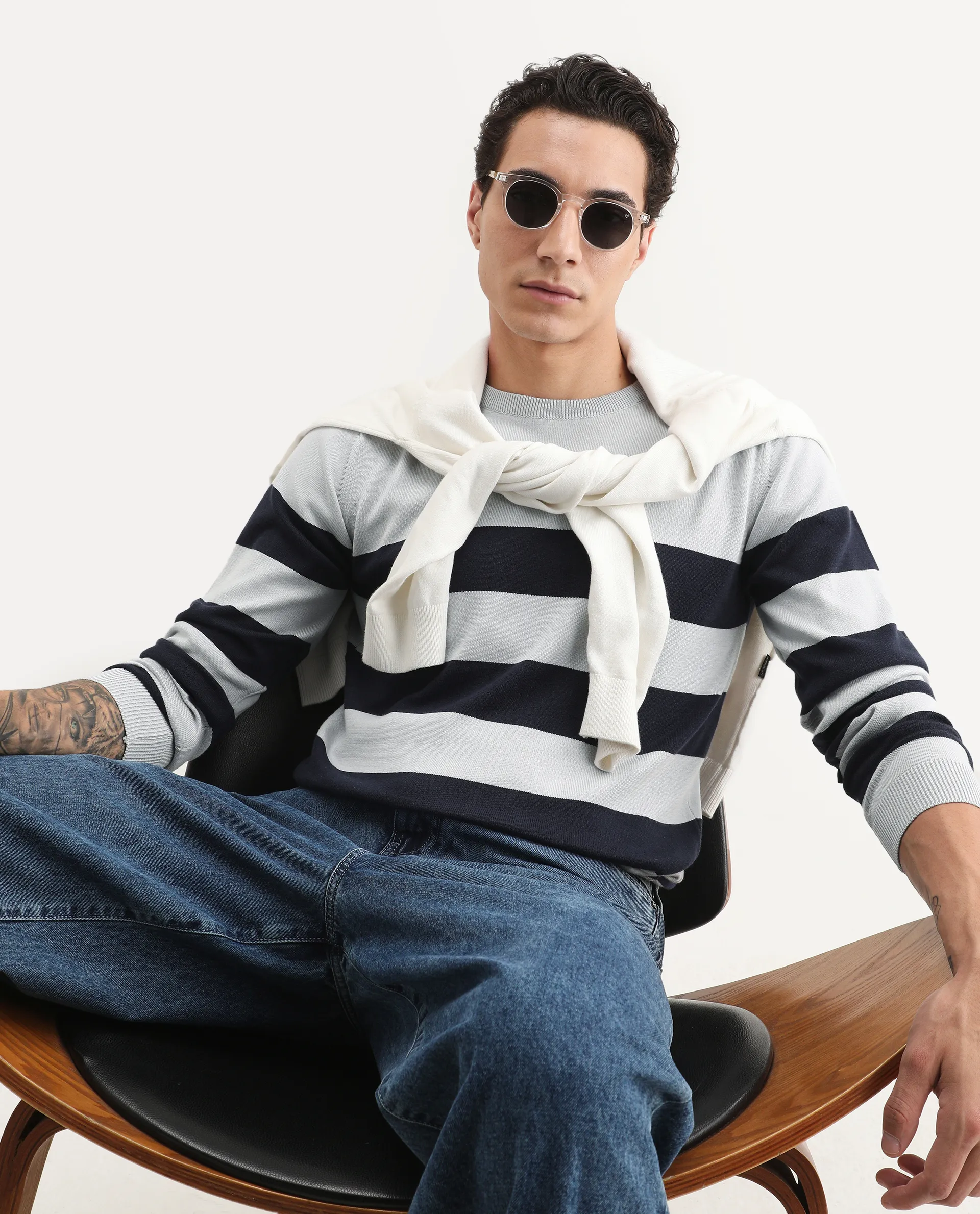 Rare Rabbit Men's Marri Navy Cotton Striped Print Regular Fit Full Sleeve Crew Neck Sweater