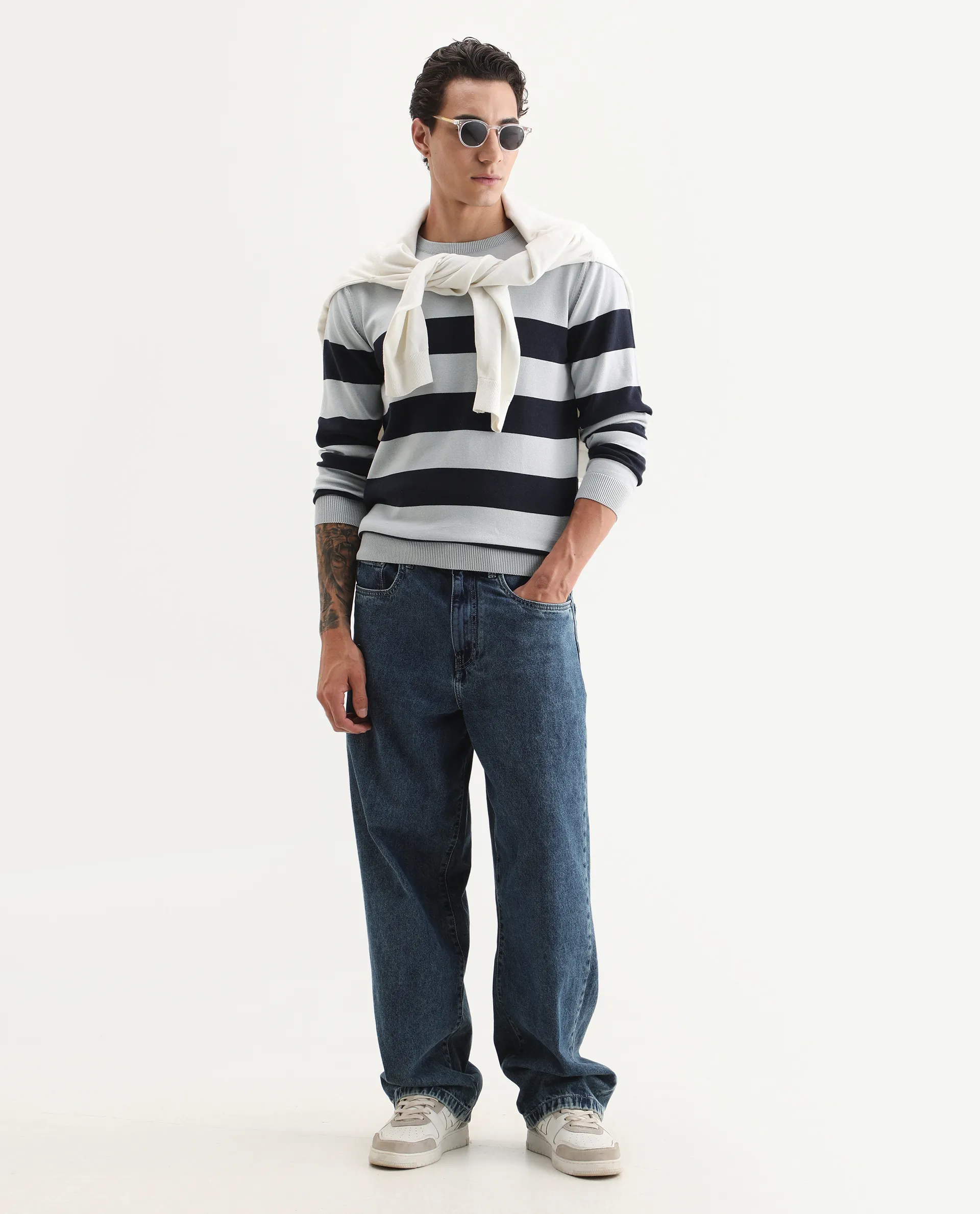 Rare Rabbit Men's Marri Navy Cotton Striped Print Regular Fit Full Sleeve Crew Neck Sweater - Image 2