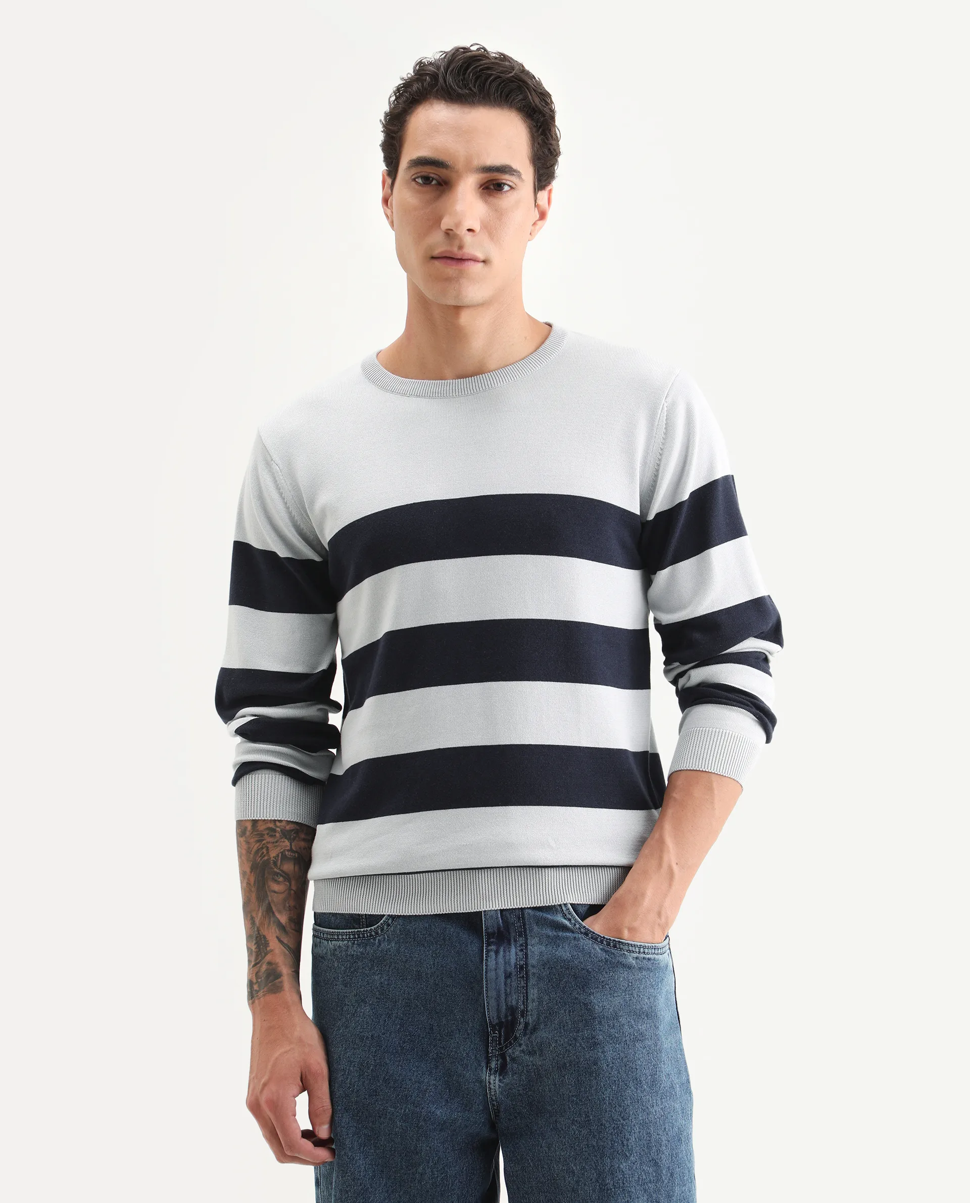 Rare Rabbit Men's Marri Navy Cotton Striped Print Regular Fit Full Sleeve Crew Neck Sweater - Image 3
