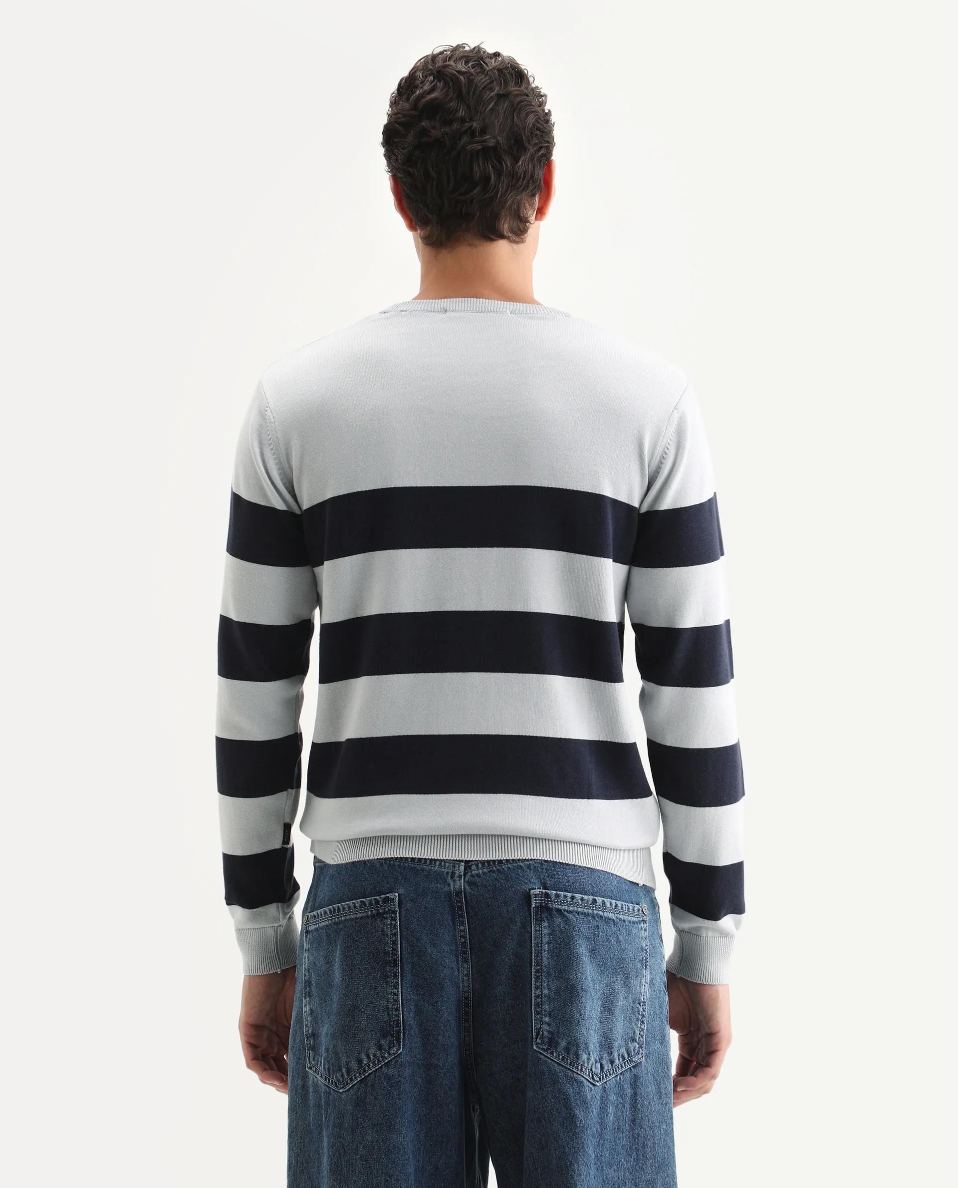 Rare Rabbit Men's Marri Navy Cotton Striped Print Regular Fit Full Sleeve Crew Neck Sweater - Image 7