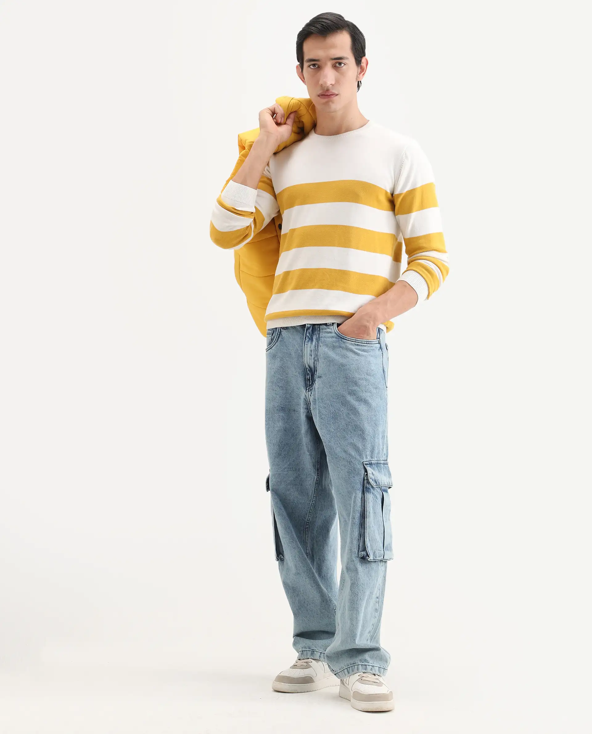 Rare Rabbit Men's Marri Yellow Cotton Striped Print Regular Fit Full Sleeve Crew Neck Sweater - Image 2