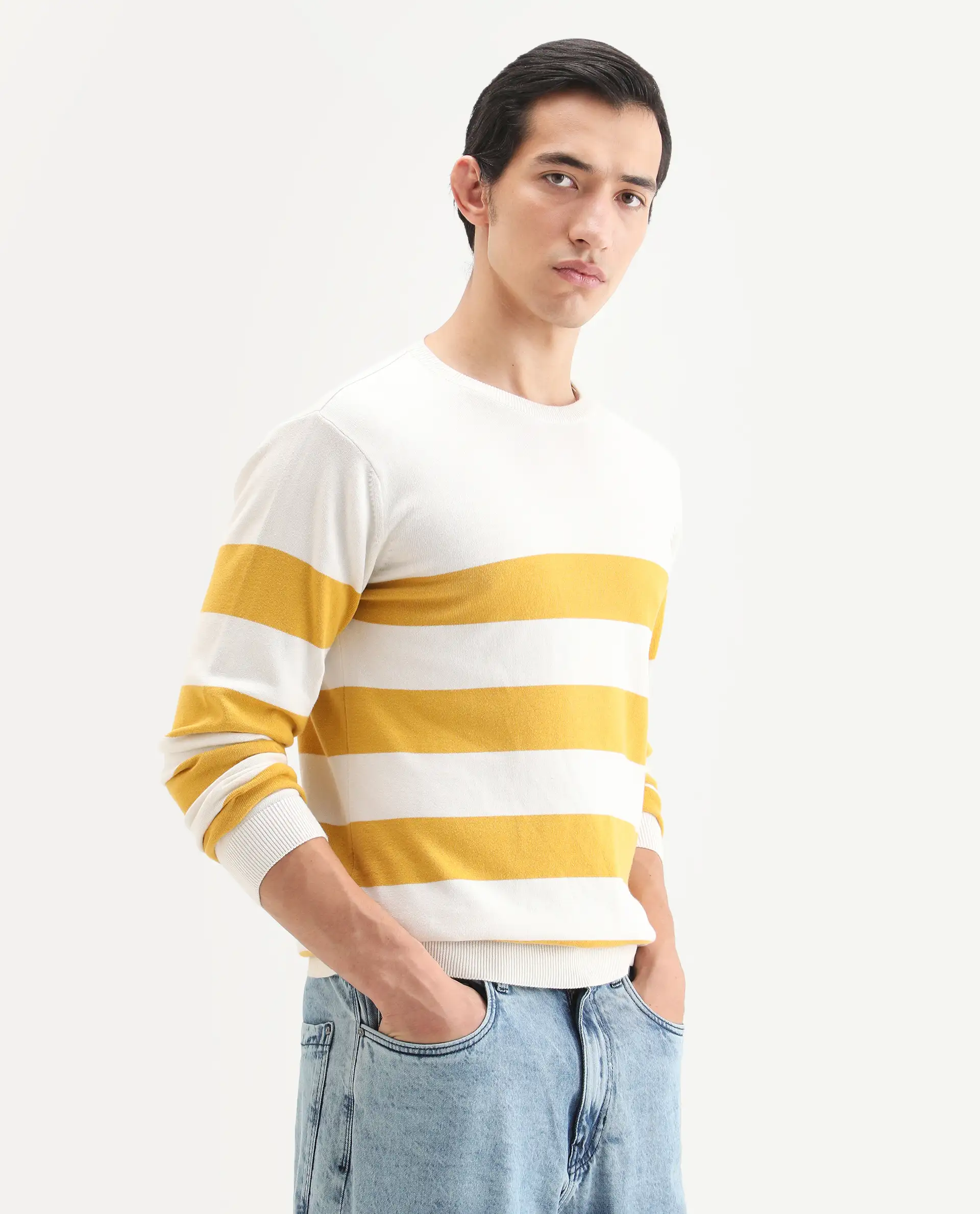 Rare Rabbit Men's Marri Yellow Cotton Striped Print Regular Fit Full Sleeve Crew Neck Sweater - Image 4