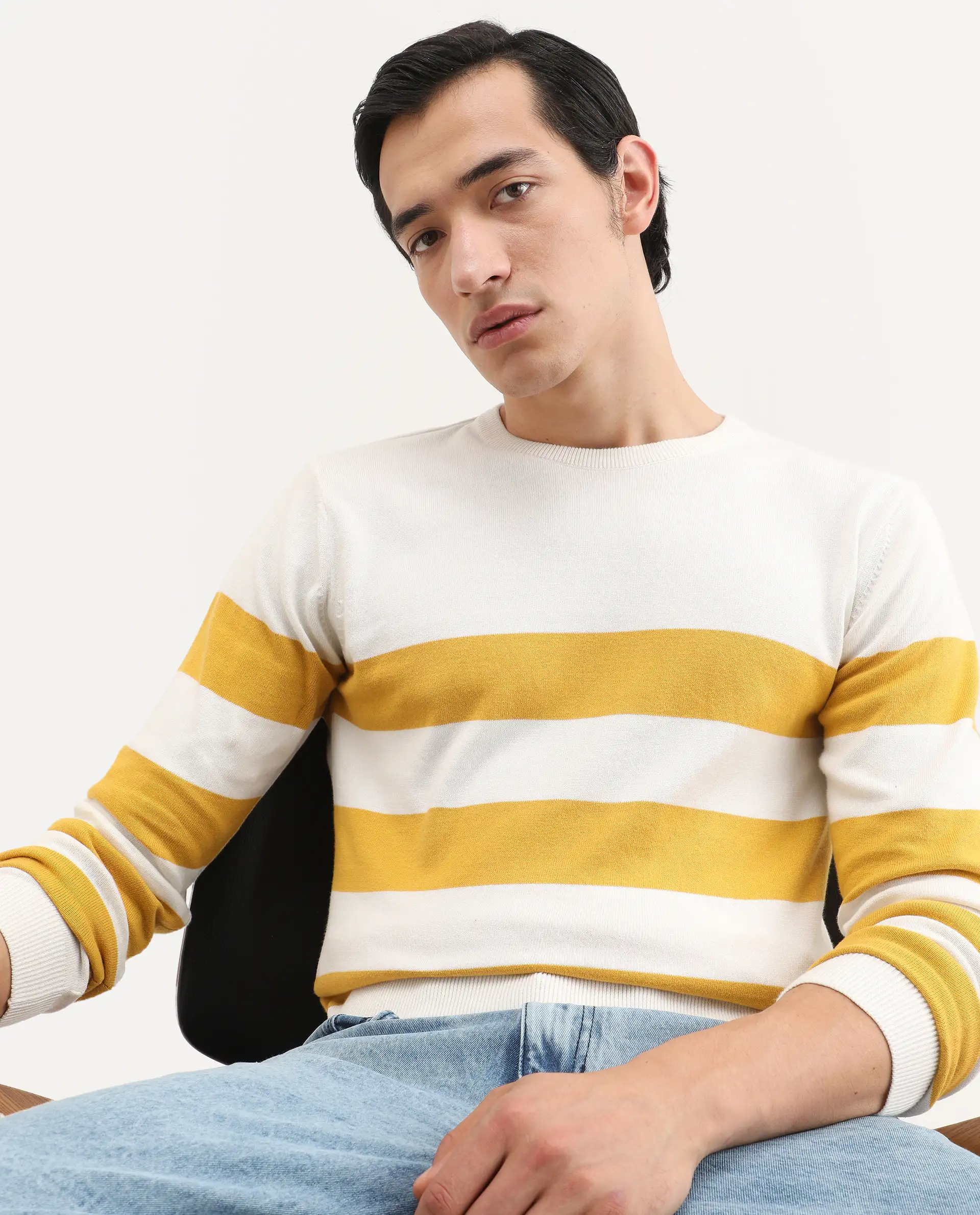 Rare Rabbit Men's Marri Yellow Cotton Striped Print Regular Fit Full Sleeve Crew Neck Sweater - Image 5