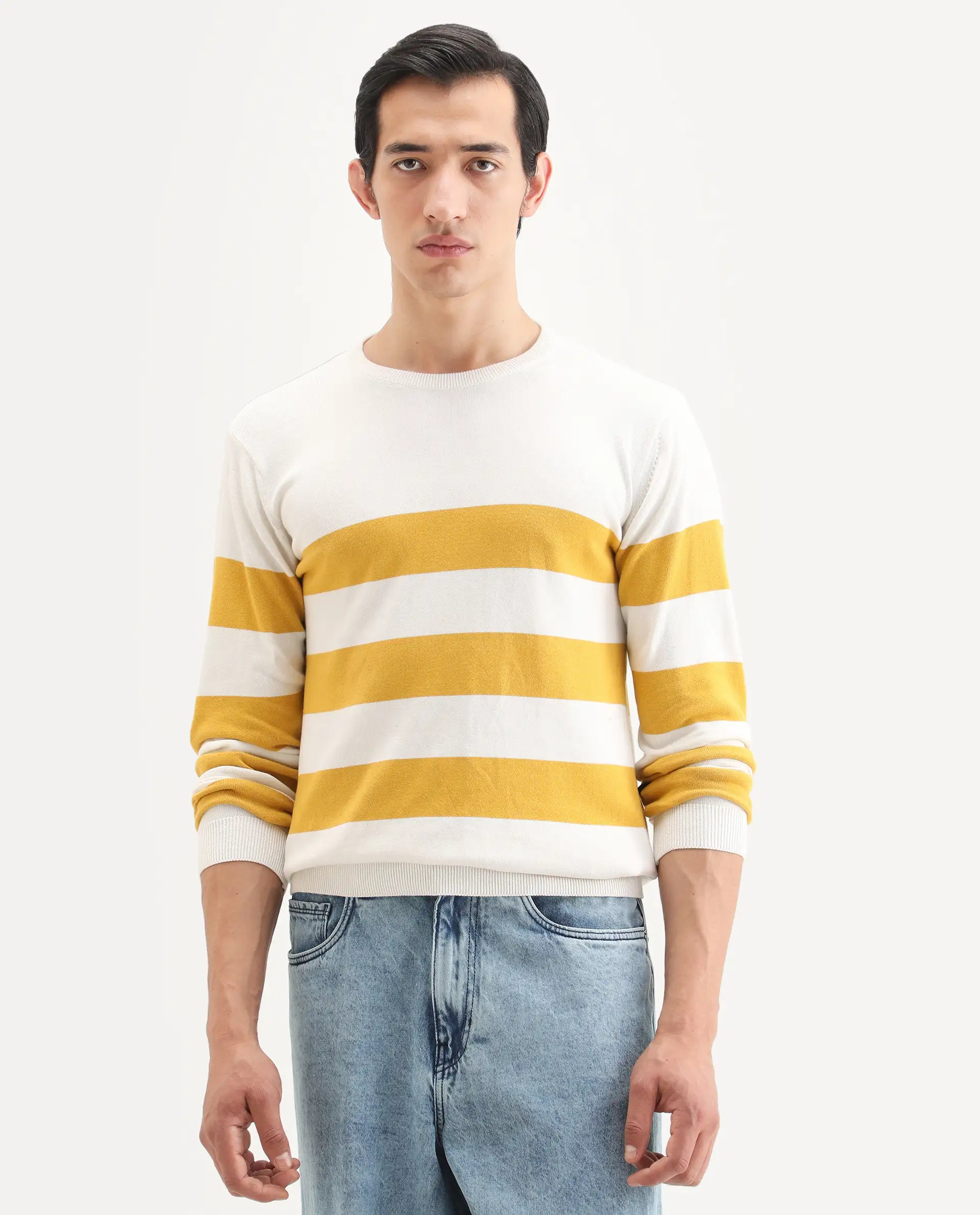 Rare Rabbit Men's Marri Yellow Cotton Striped Print Regular Fit Full Sleeve Crew Neck Sweater - Image 6
