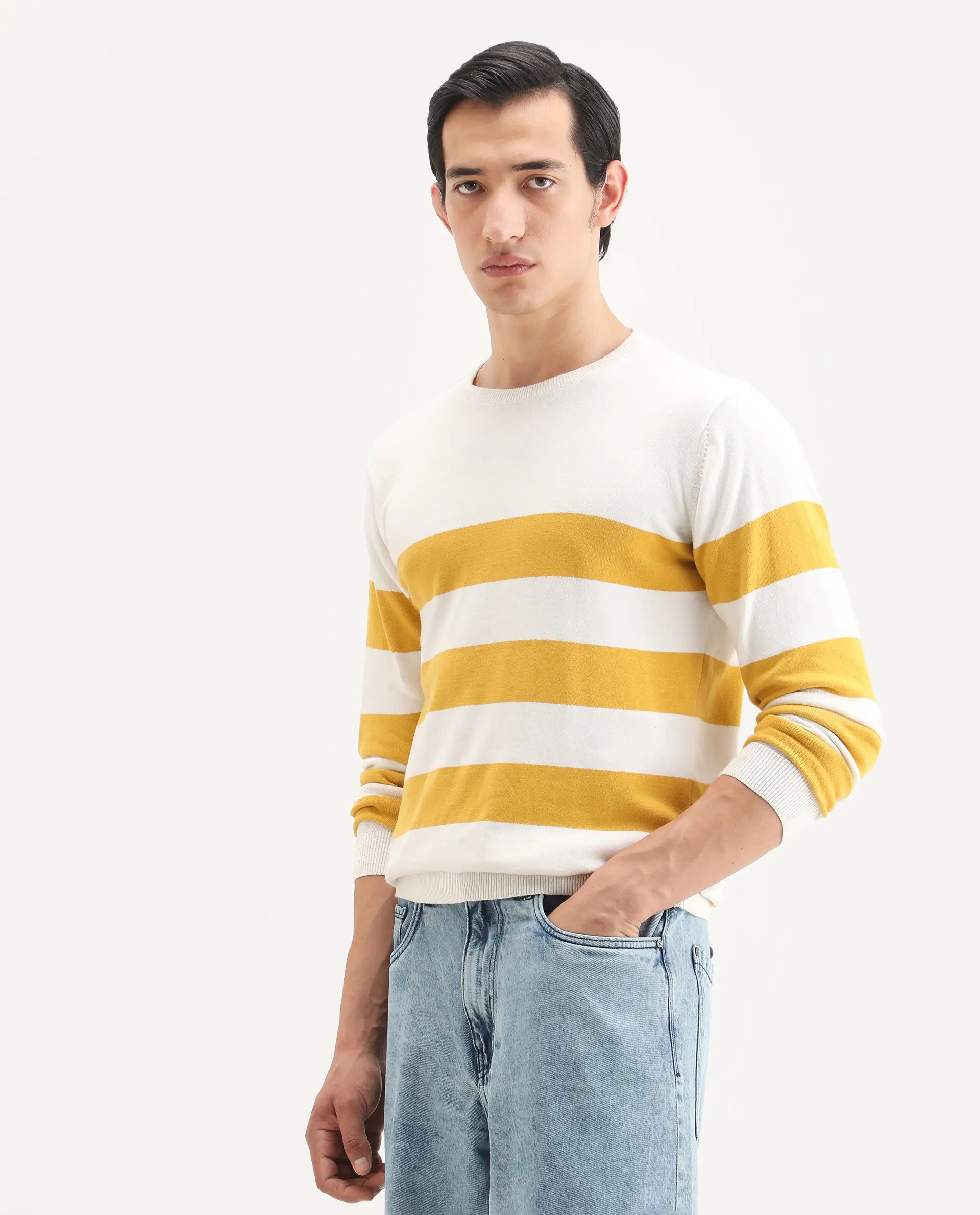 Rare Rabbit Men's Marri Yellow Cotton Striped Print Regular Fit Full Sleeve Crew Neck Sweater - Image 7