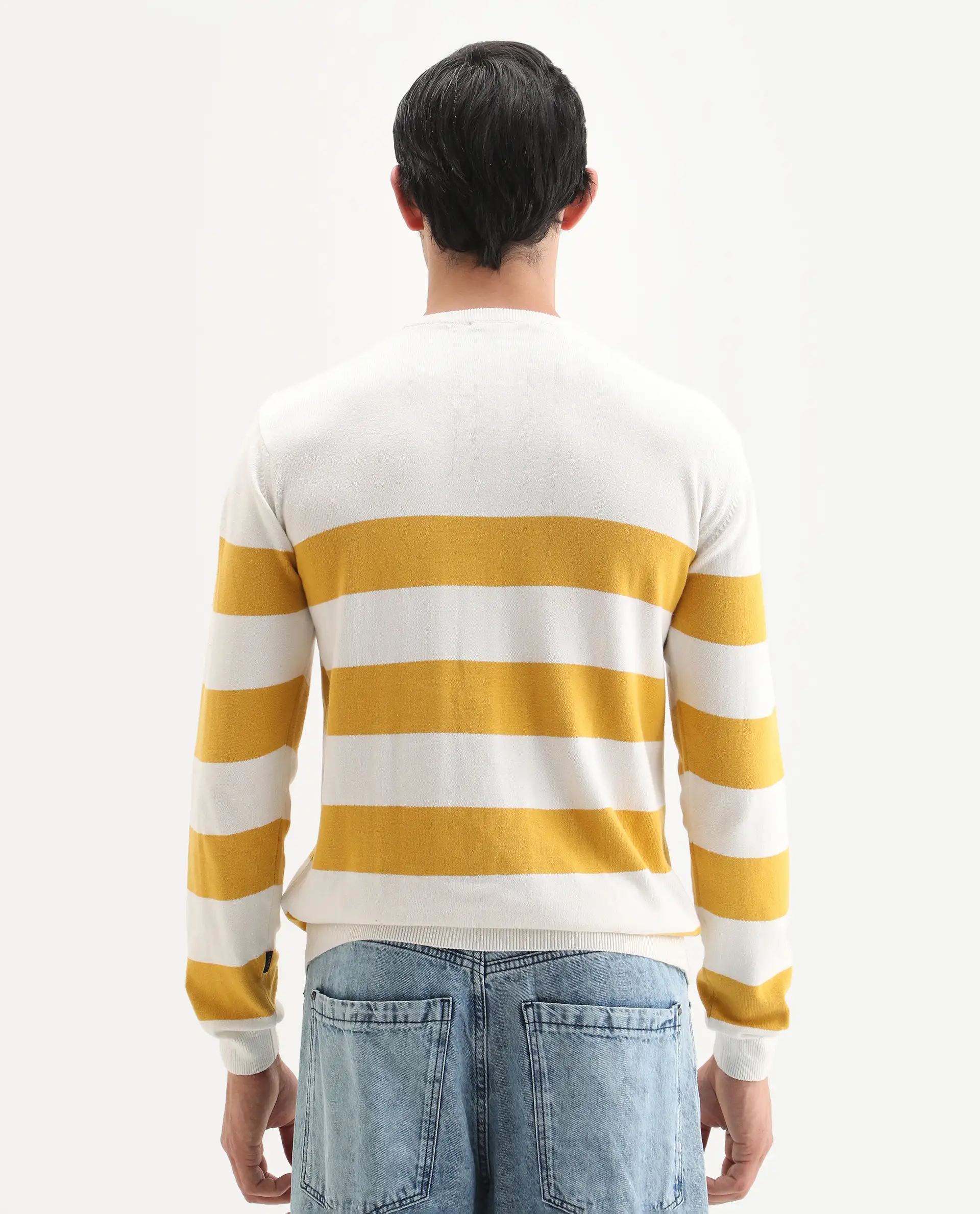 Rare Rabbit Men's Marri Yellow Cotton Striped Print Regular Fit Full Sleeve Crew Neck Sweater - Image 8