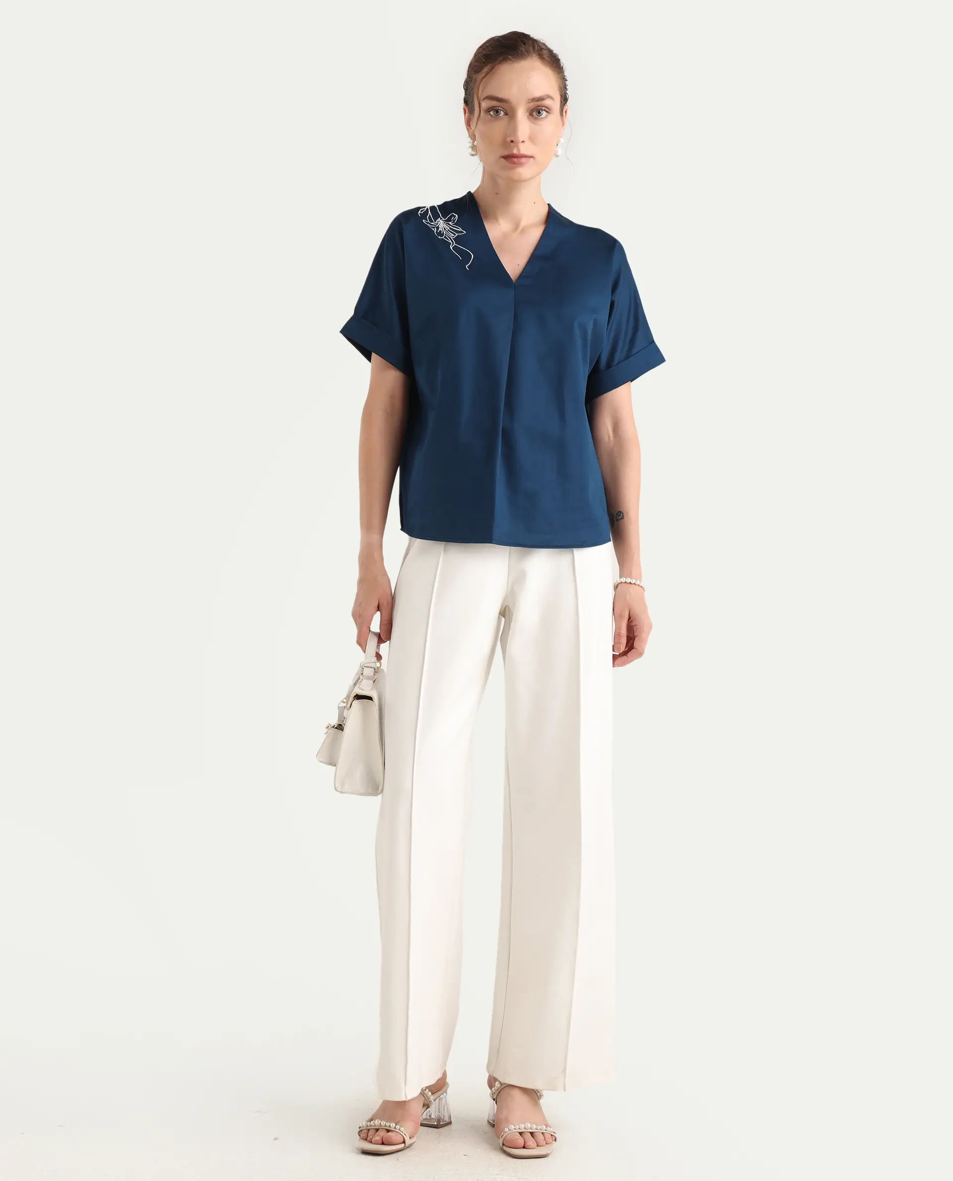 Rareism Women's Mars Blue Cotton V-Neck Boxy Fit Top - Image 3