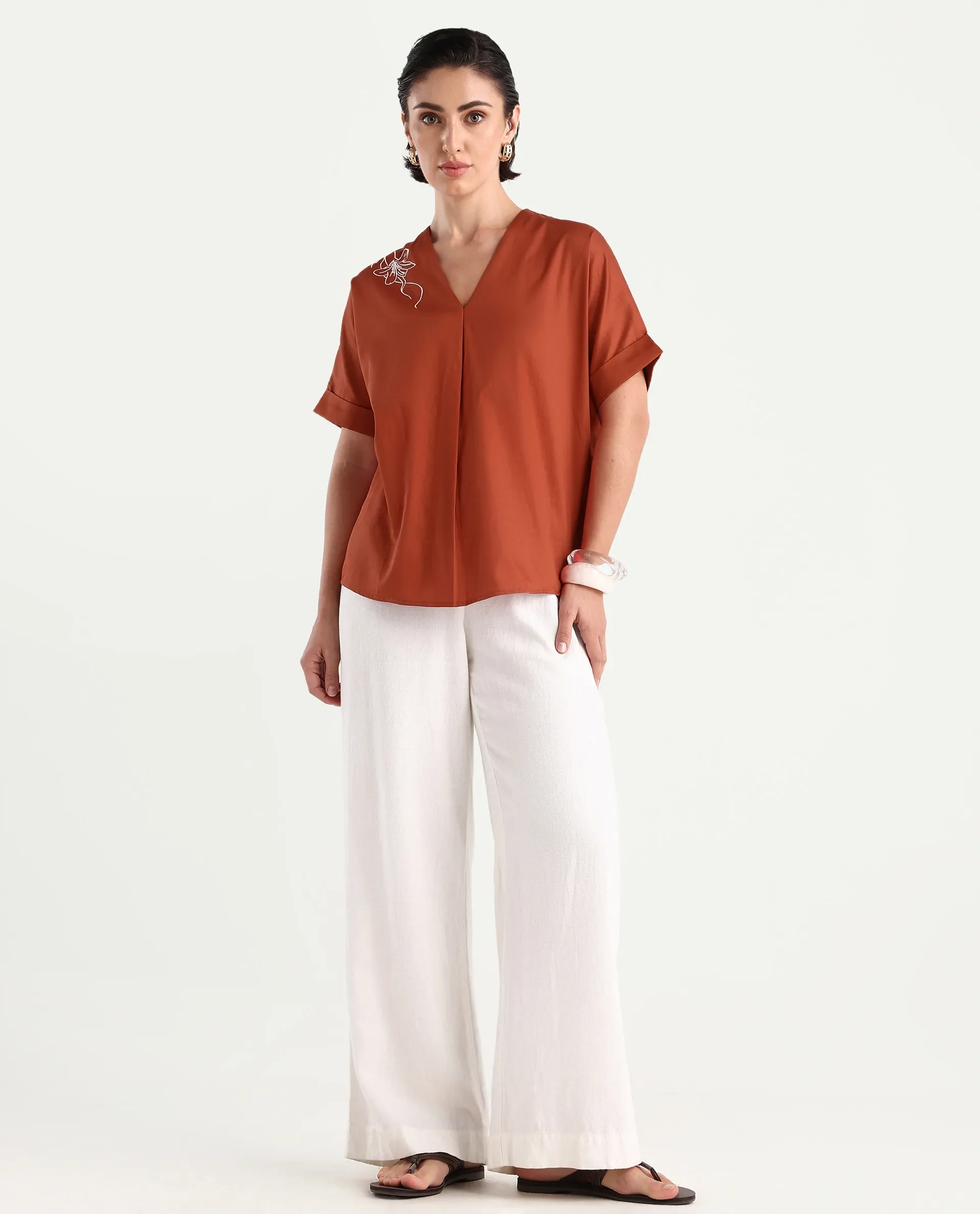 Rareism Women's Mars Rust Cotton V-Neck Boxy Fit Top - Image 2