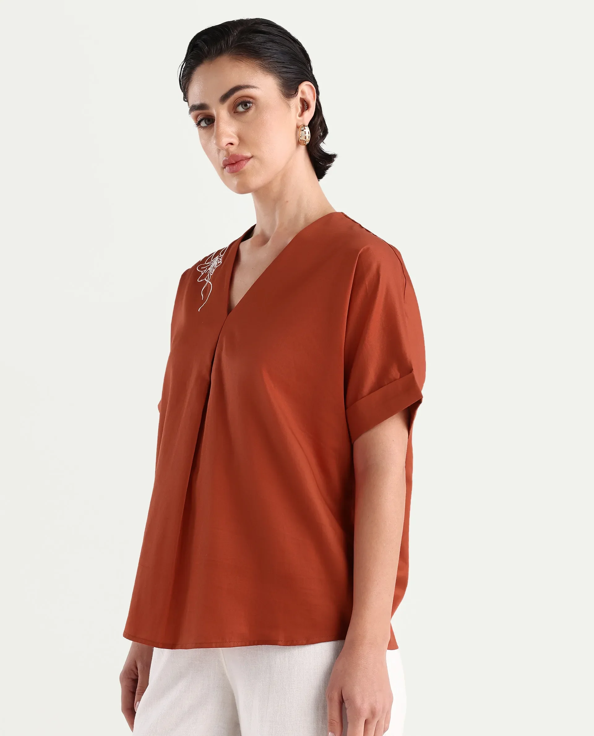 Rareism Women's Mars Rust Cotton V-Neck Boxy Fit Top - Image 4
