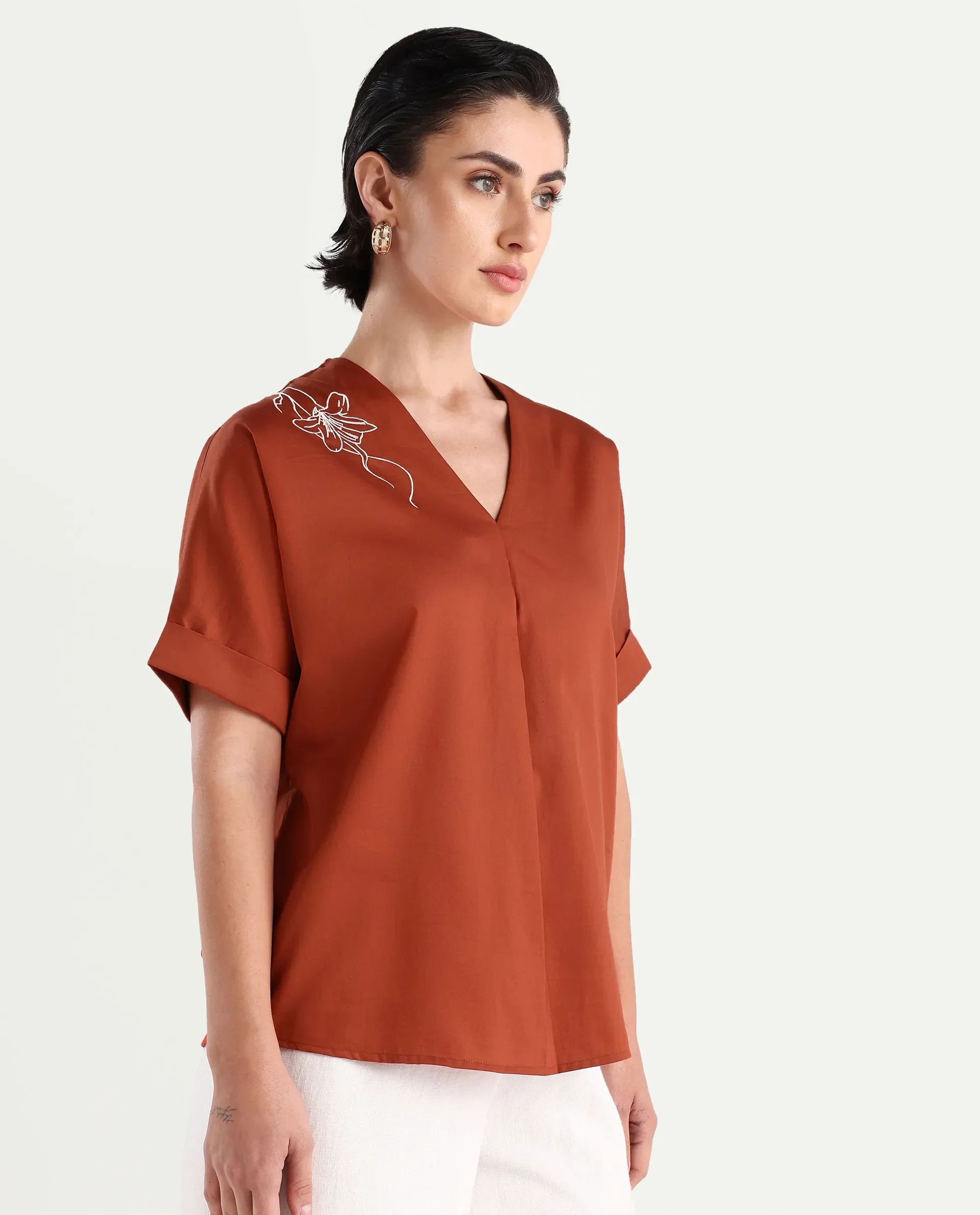 Rareism Women's Mars Rust Cotton V-Neck Boxy Fit Top - Image 5