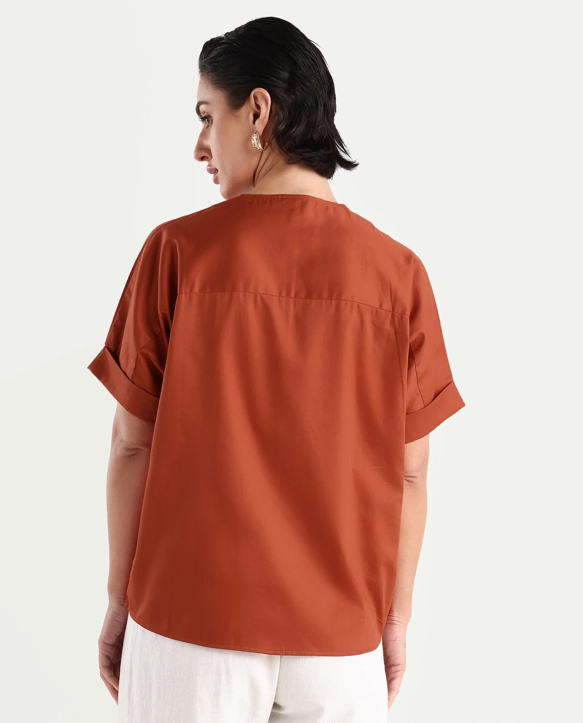 Rareism Women's Mars Rust Cotton V-Neck Boxy Fit Top - Image 6