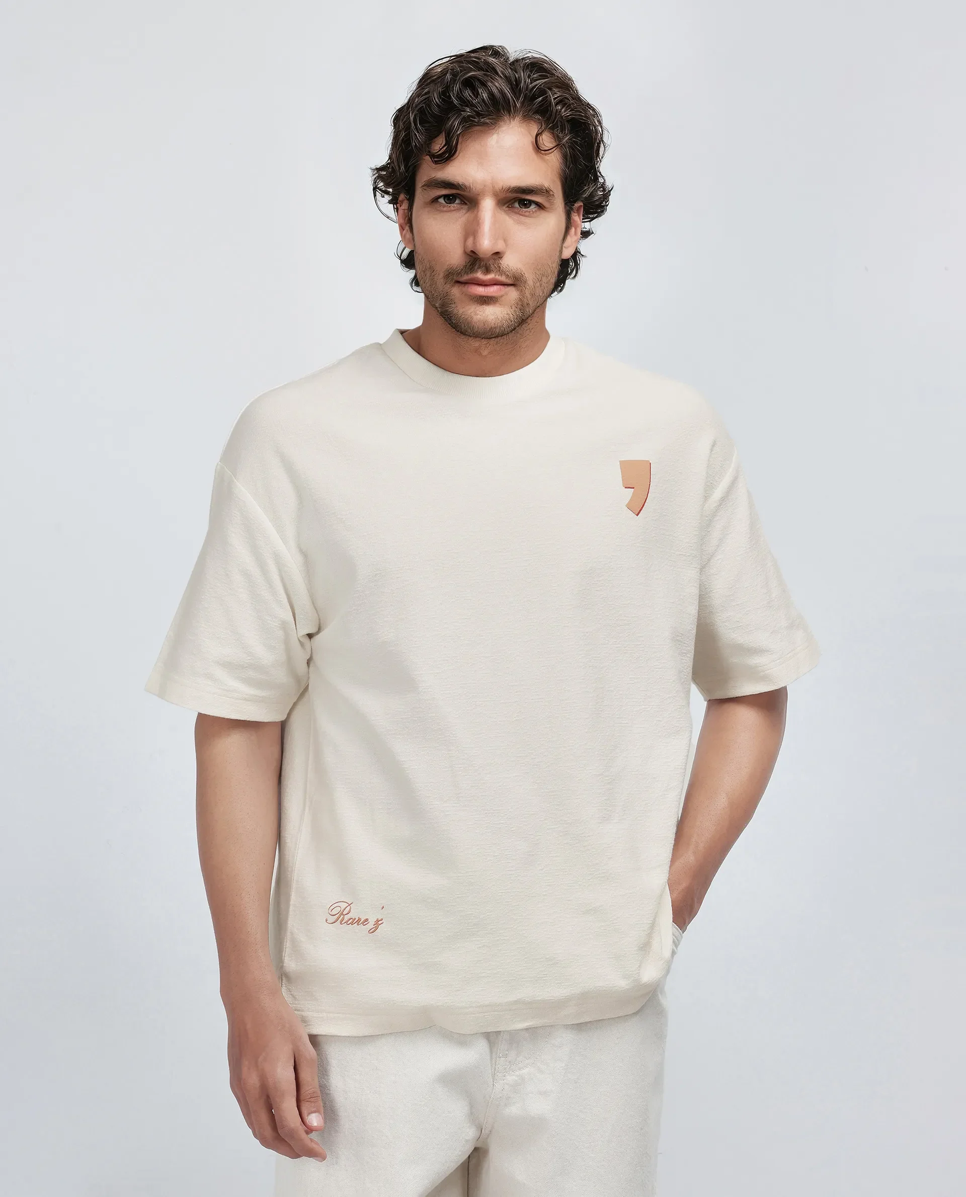 Rare Rabbit Men's Marsa Off White Cotton Blend Graphic Print Oversized Fit Half Sleeve Crew Neck T-Shirt - Image 8