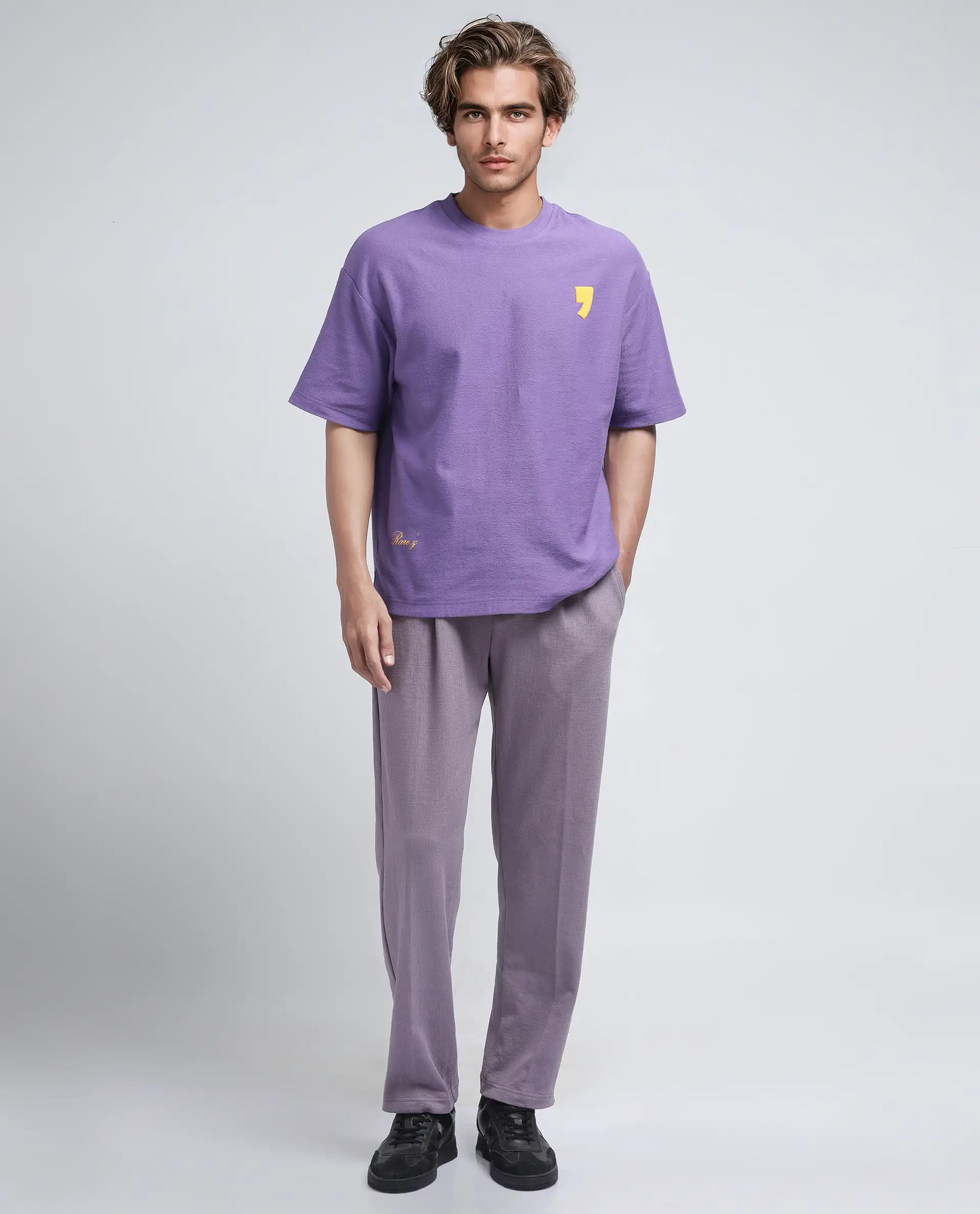 Rare Rabbit Men's Marsa Purple Cotton Blend Graphic Print Oversized Fit Half Sleeve Crew Neck T-Shirt - Image 2