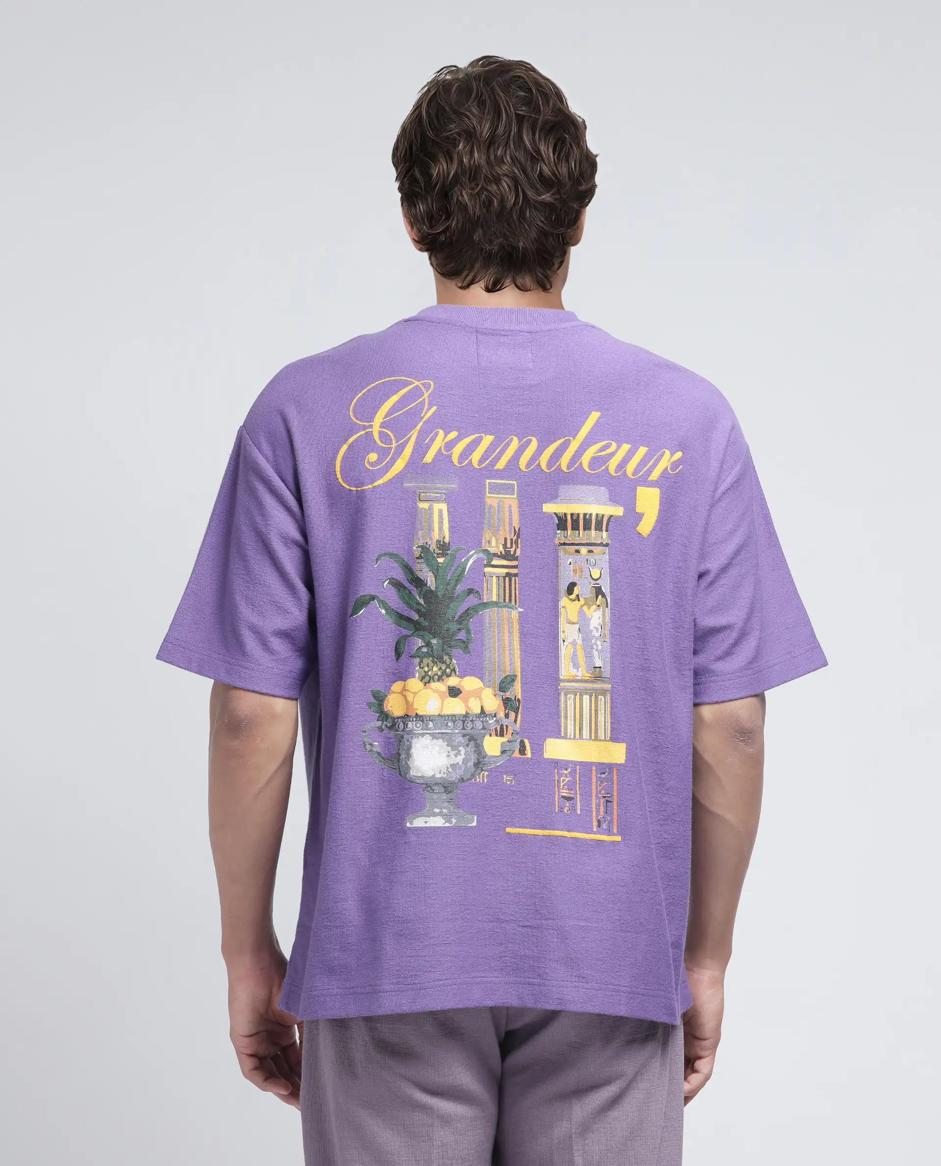 Rare Rabbit Men's Marsa Purple Cotton Blend Graphic Print Oversized Fit Half Sleeve Crew Neck T-Shirt - Image 4
