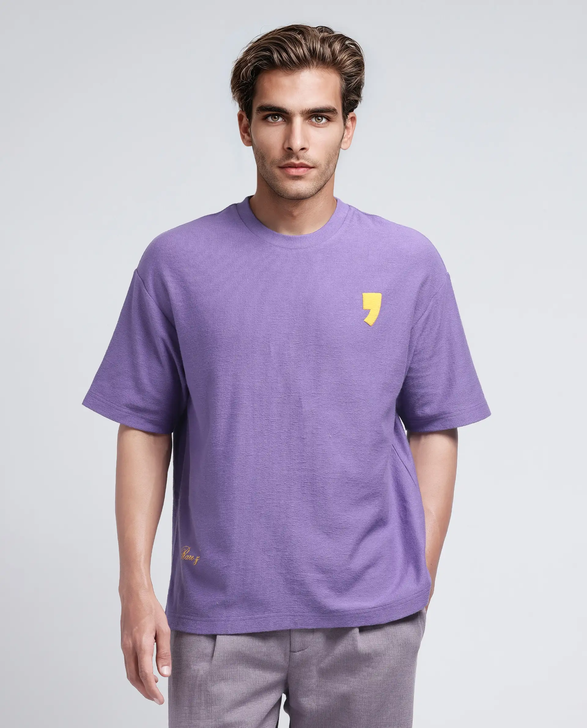 Rare Rabbit Men's Marsa Purple Cotton Blend Graphic Print Oversized Fit Half Sleeve Crew Neck T-Shirt - Image 5