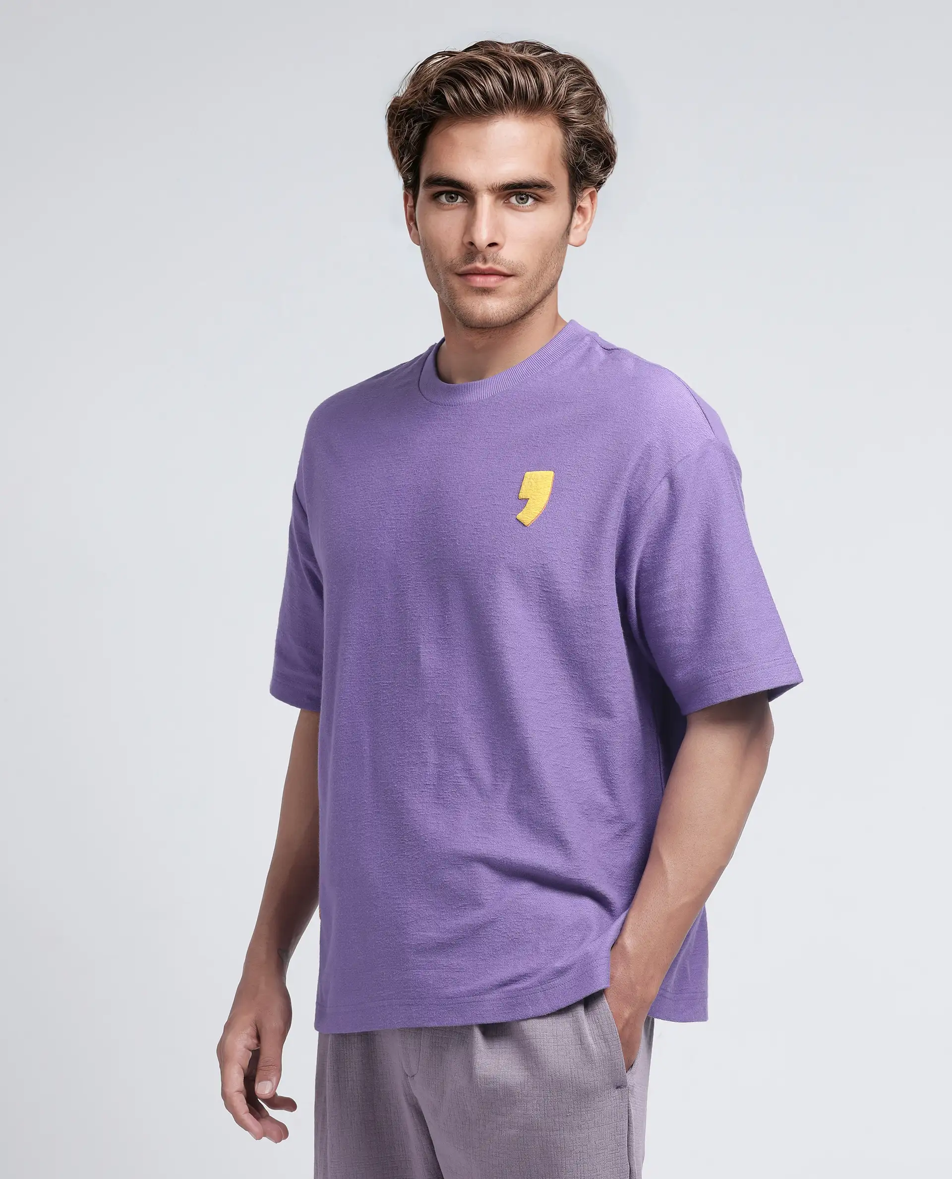 Rare Rabbit Men's Marsa Purple Cotton Blend Graphic Print Oversized Fit Half Sleeve Crew Neck T-Shirt - Image 6