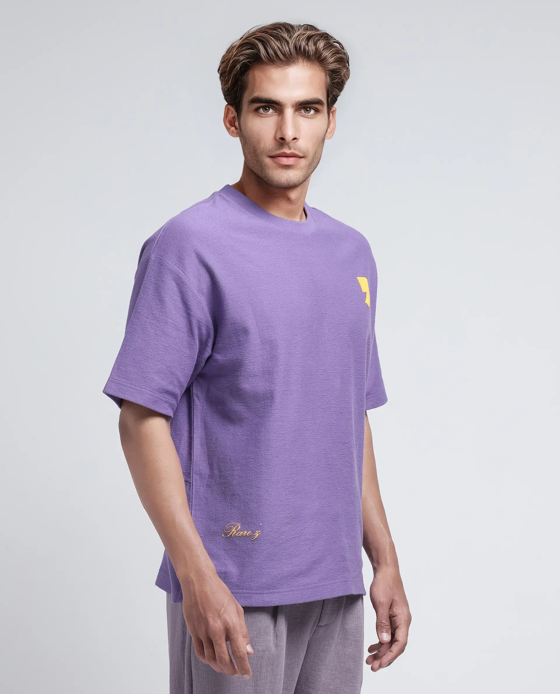 Rare Rabbit Men's Marsa Purple Cotton Blend Graphic Print Oversized Fit Half Sleeve Crew Neck T-Shirt - Image 7