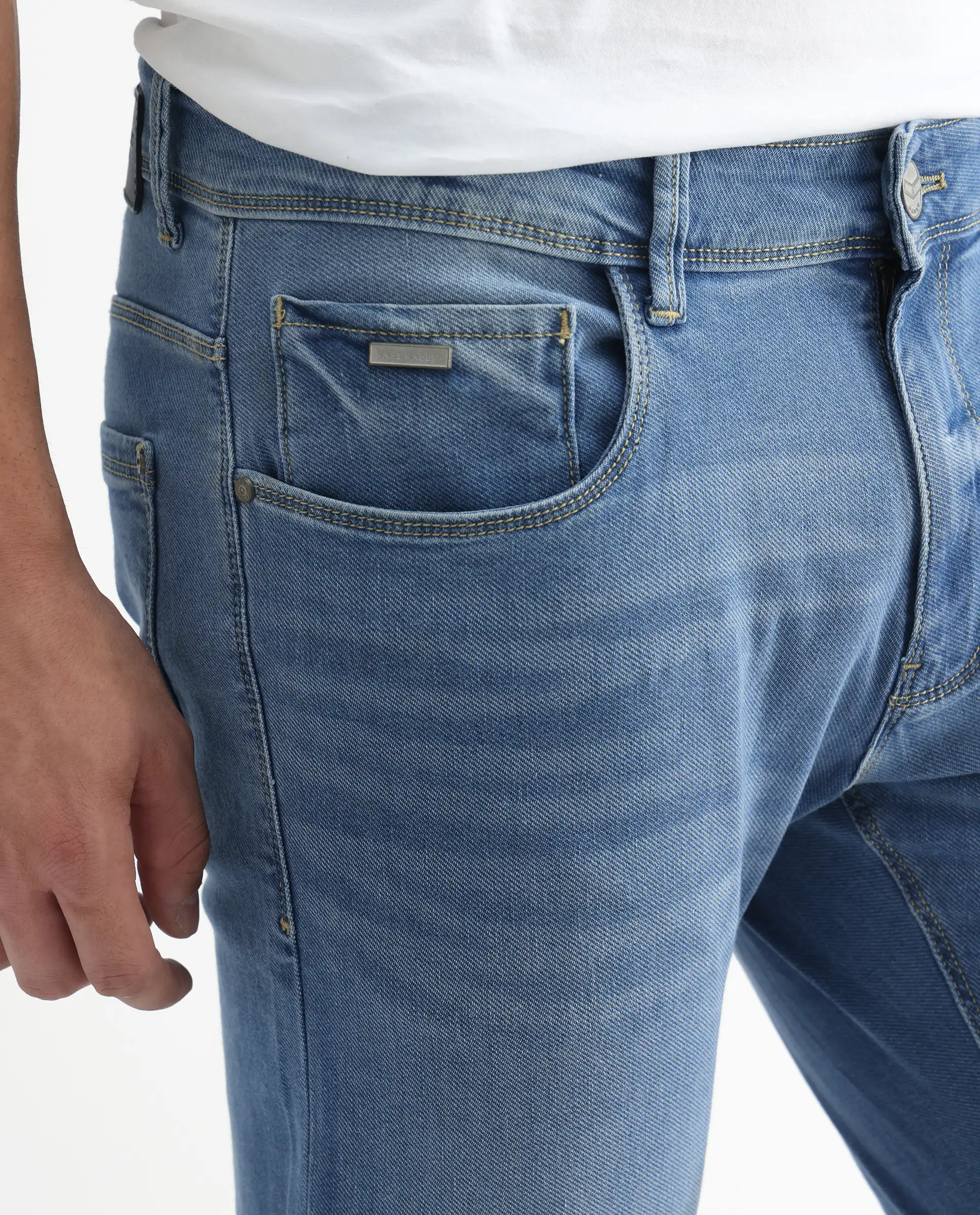 Rare Rabbit Men's Marset Light Blue Cotton Plain Hawk Slim Fit Jeans - Image 3