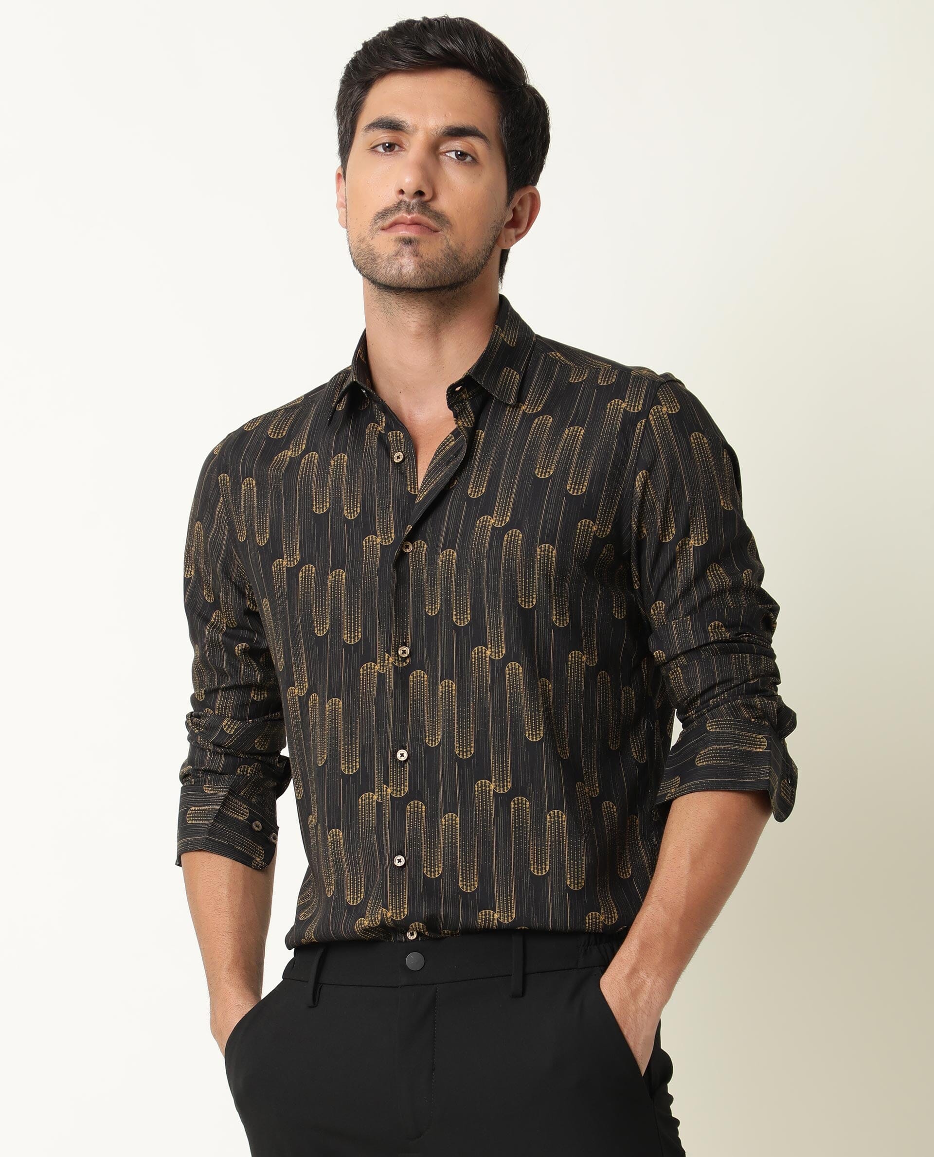 Rare Rabbit Men's Marshey Black Cotton Abstract Print Regular Fit Full Sleeve Collared Shirt - Image 3