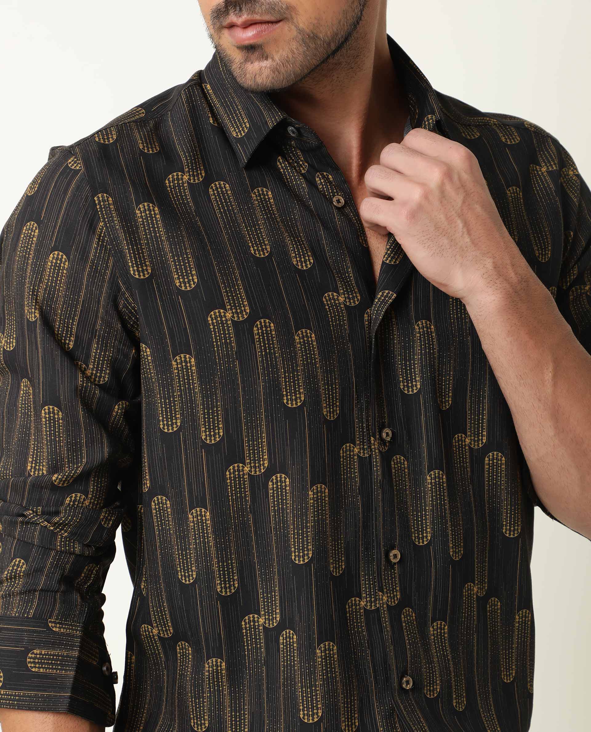 Rare Rabbit Men's Marshey Black Cotton Abstract Print Regular Fit Full Sleeve Collared Shirt - Image 5