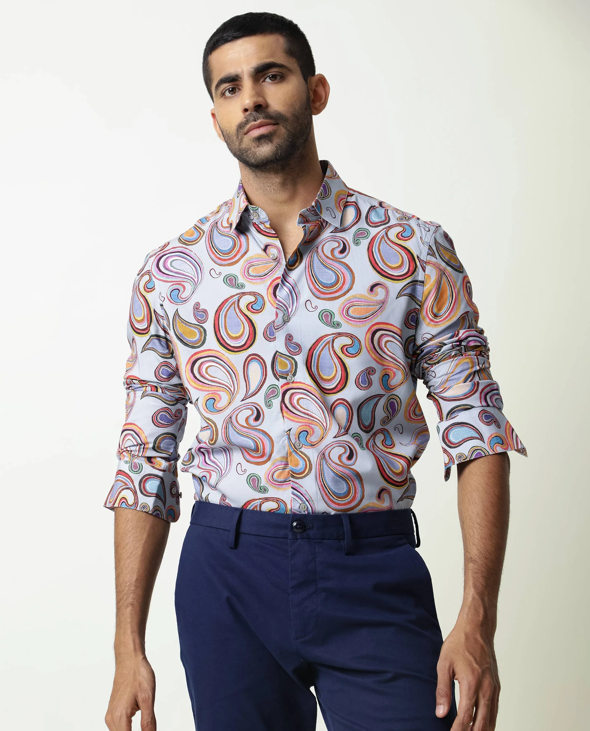 Rare Rabbit Men's Marsh Ls Blue Viscose Paisley Print Regular Fit Full Sleeve Collared Shirt - Image 3