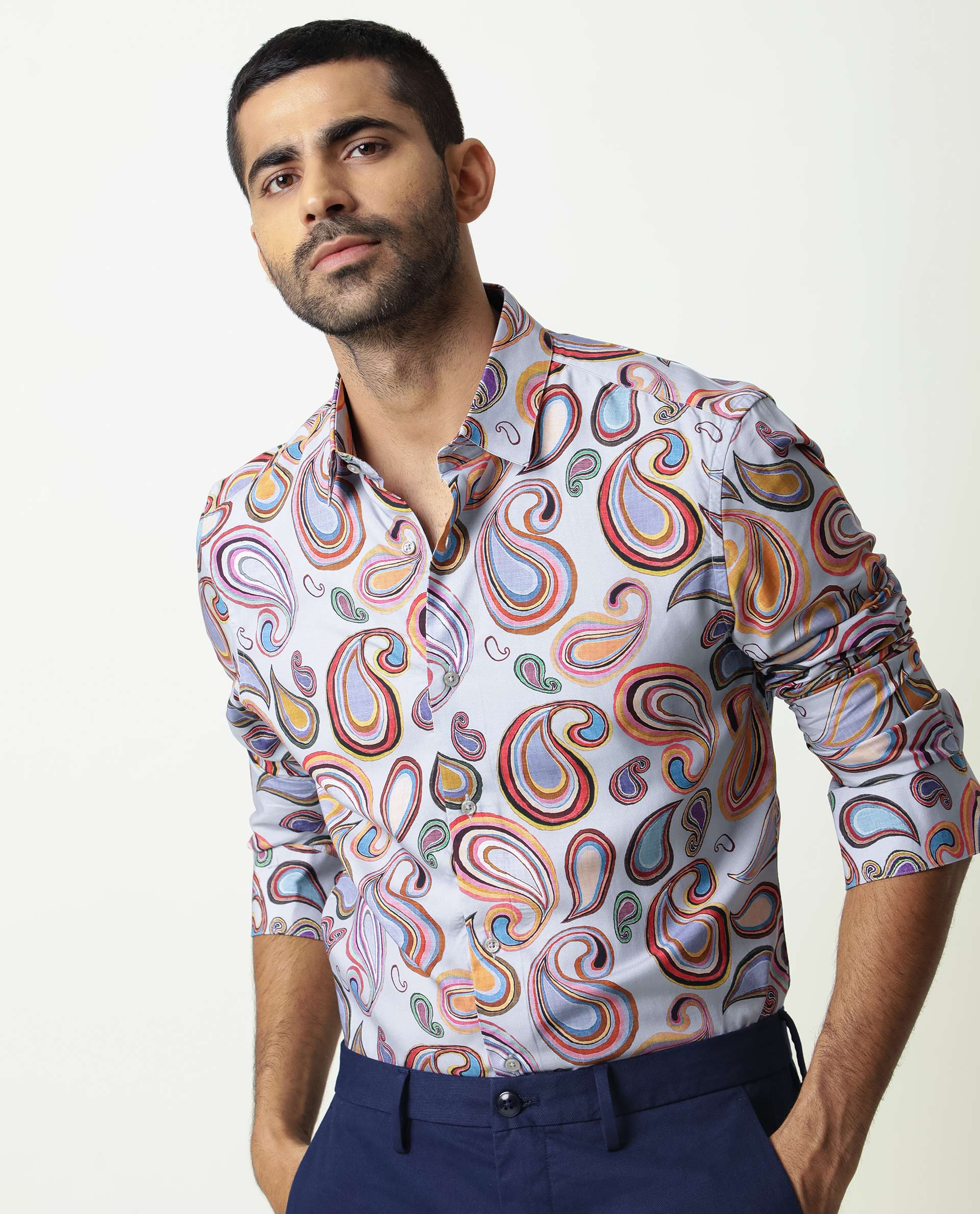 Rare Rabbit Men's Marsh Ls Blue Viscose Paisley Print Regular Fit Full Sleeve Collared Shirt - Image 4