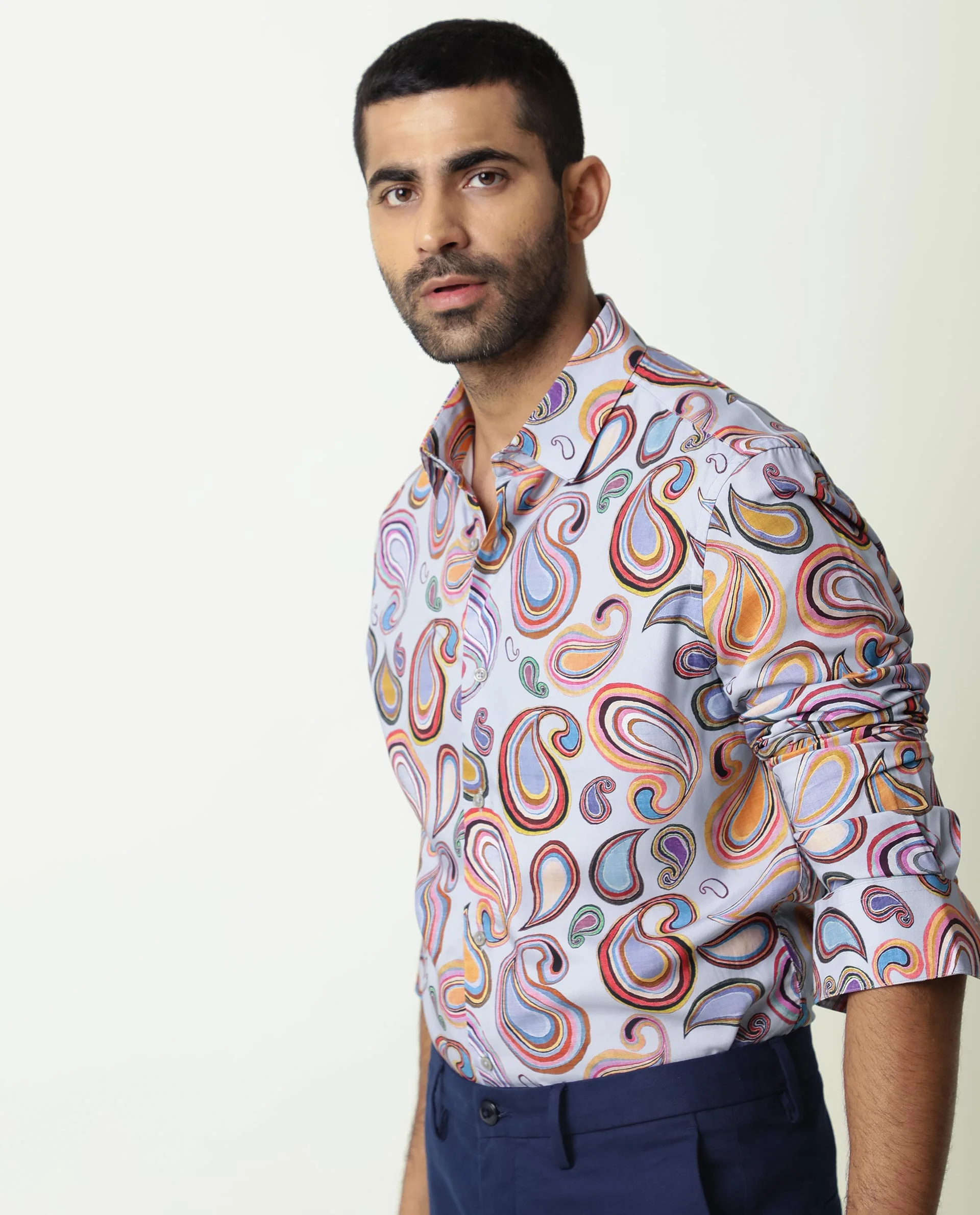 Rare Rabbit Men's Marsh Ls Blue Viscose Paisley Print Regular Fit Full Sleeve Collared Shirt - Image 8