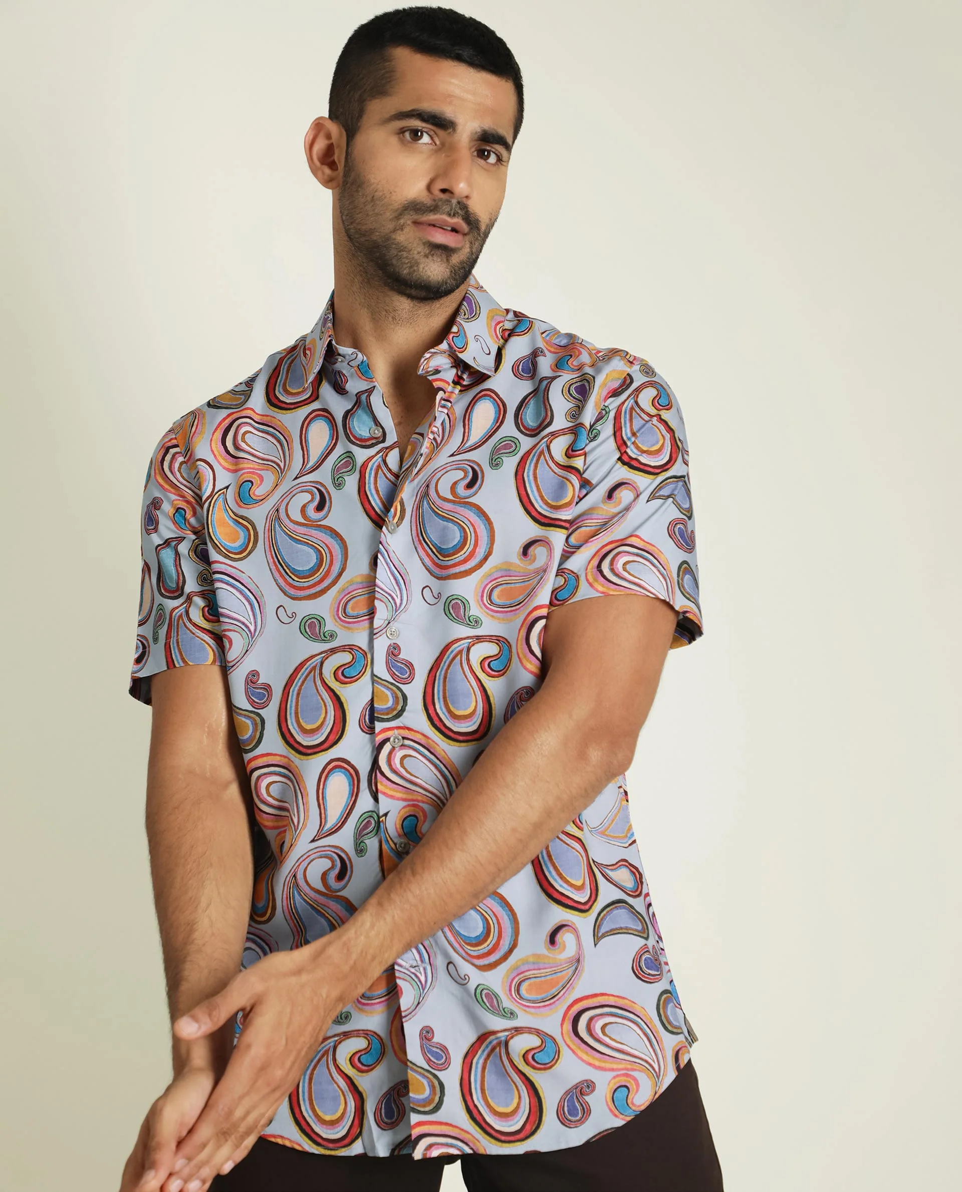 Rare Rabbit Men's Marsh Ss- Blue Viscose Paisley Print Regular Fit Half Sleeve Collared Shirt - Image 4