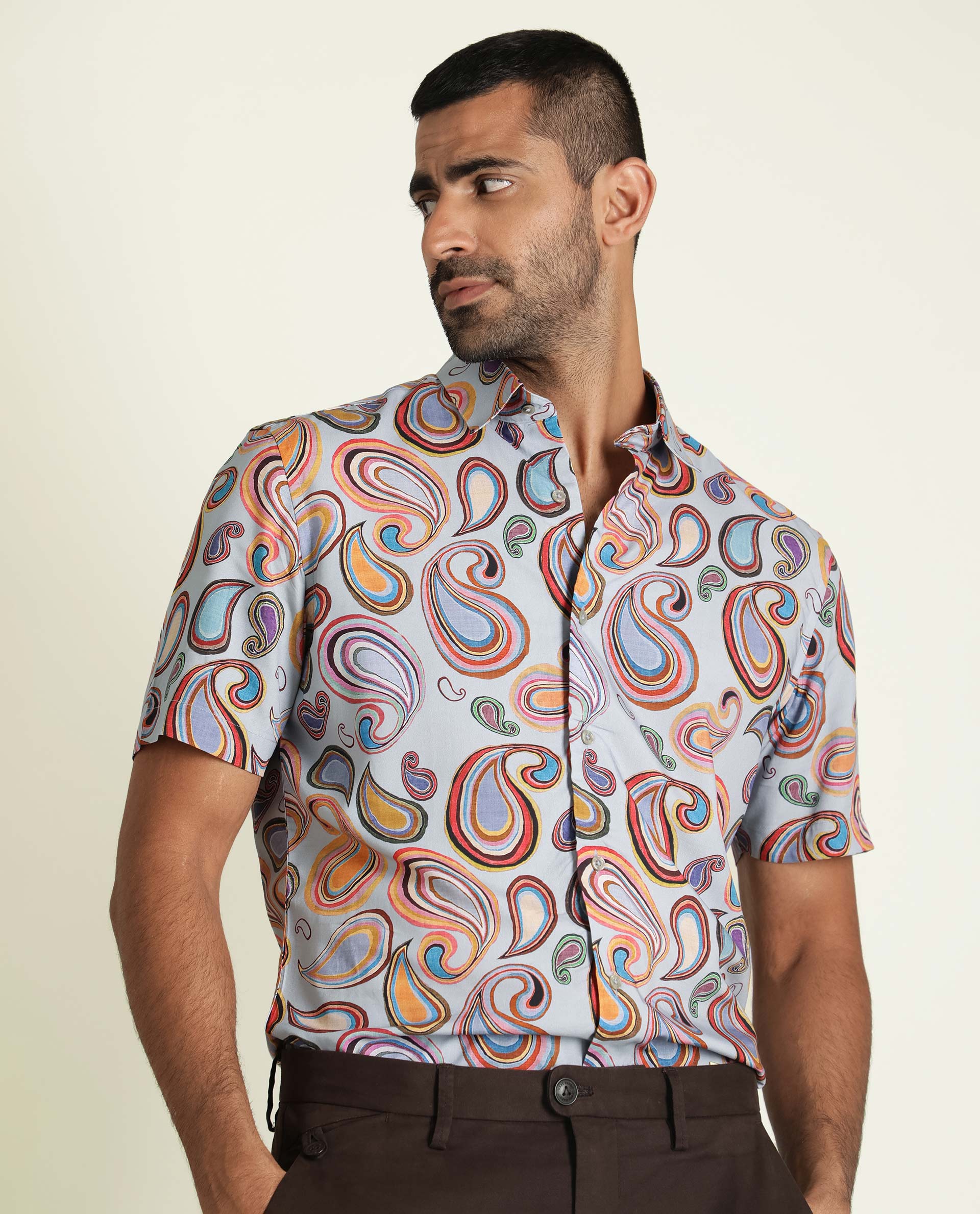Rare Rabbit Men's Marsh Ss- Blue Viscose Paisley Print Regular Fit Half Sleeve Collared Shirt - Image 7
