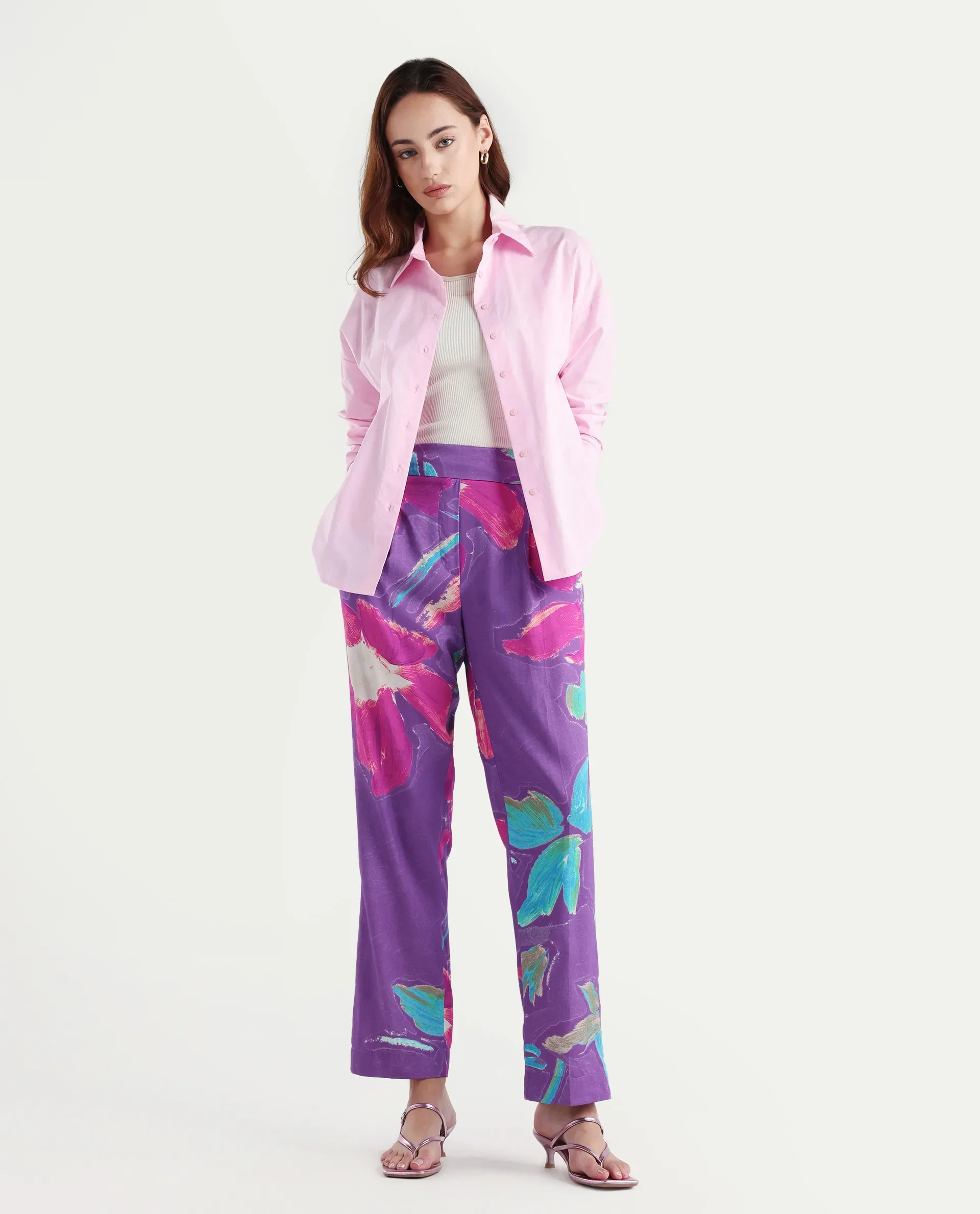 Rareism Women's Martin Dark Blue Cotton Floral Print Ankle Length Relaxed Fit Trouser - Image 2