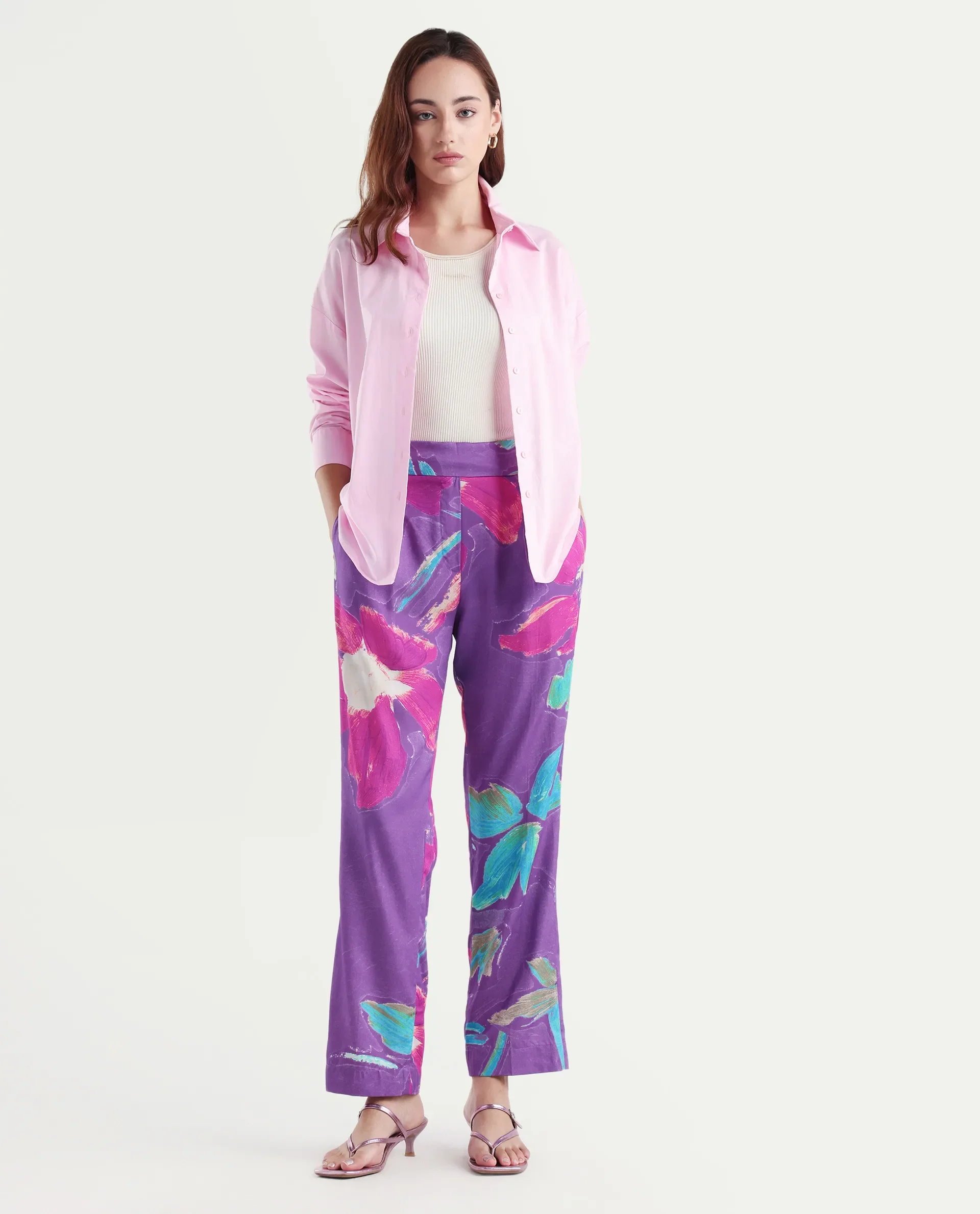 Rareism Women's Martin Dark Blue Cotton Floral Print Ankle Length Relaxed Fit Trouser - Image 3