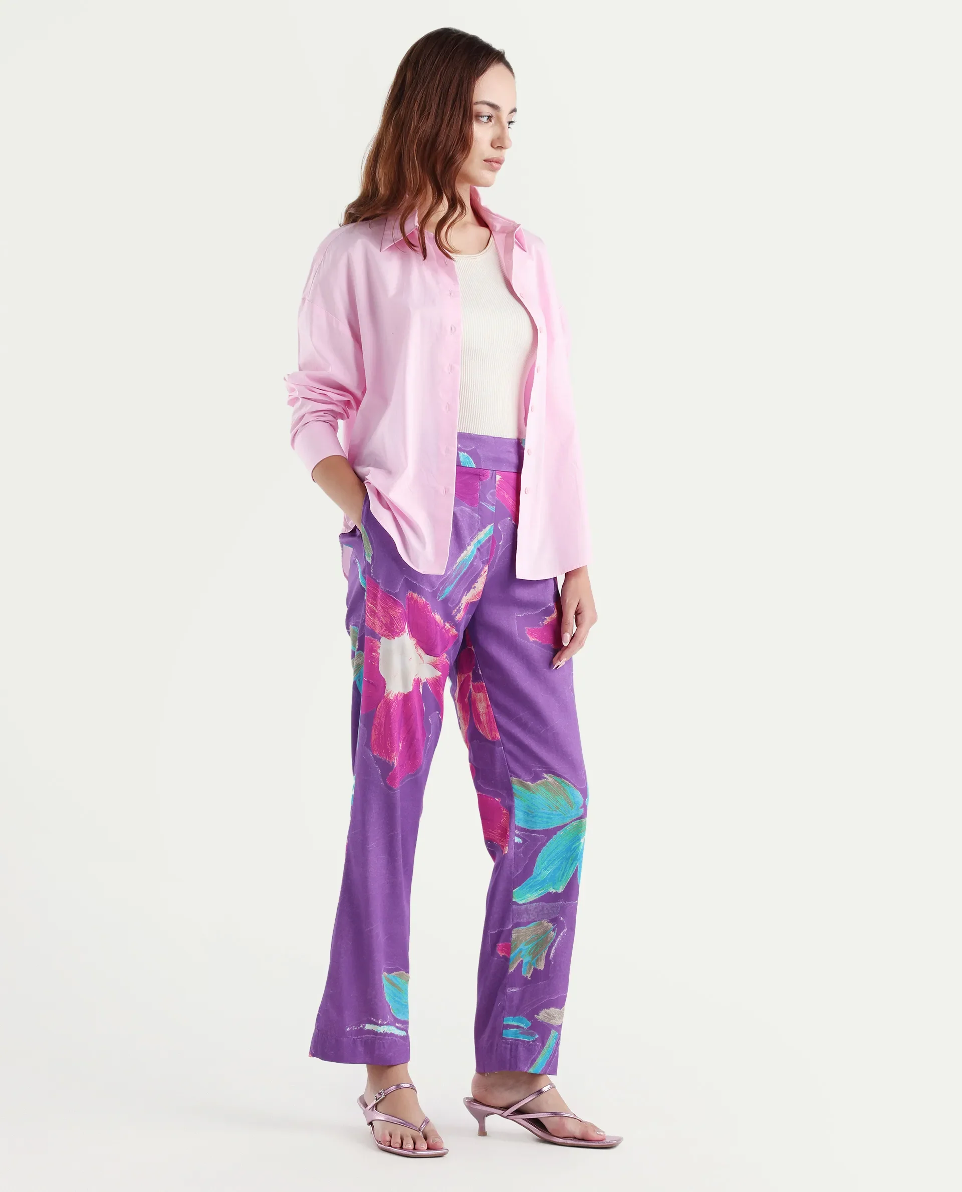 Rareism Women's Martin Dark Blue Cotton Floral Print Ankle Length Relaxed Fit Trouser - Image 6