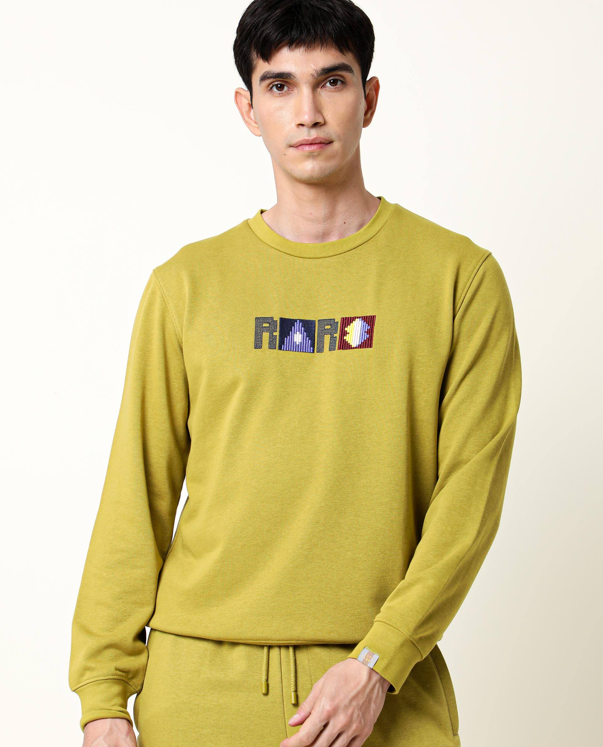 Rare Rabbit Men's Martis Olive Cotton Embroidered Regular Fit Full Sleeve Crew Neck Sweatshirt - Image 2